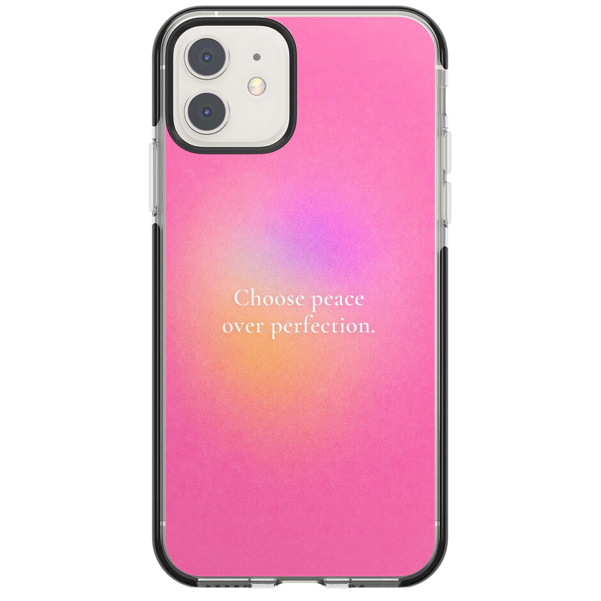 Peace Over Perfection quote iPhone case featuring a dreamy pink aura gradient and delicate white affirmation text | Black Impact case for iPhone 11, iPhone 12