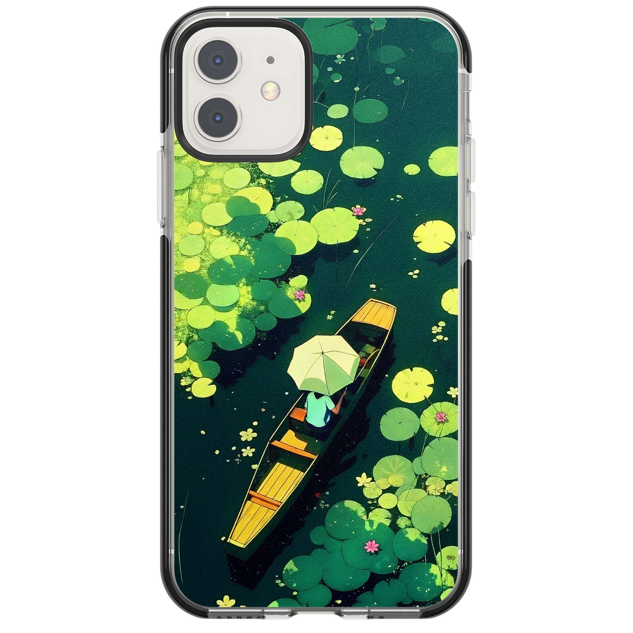 Jade Waters cottagecore iPhone case featuring a painted lily pond, wooden boat with parasol and floating water lilies | Black Impact case for iPhone 11, iPhone 12