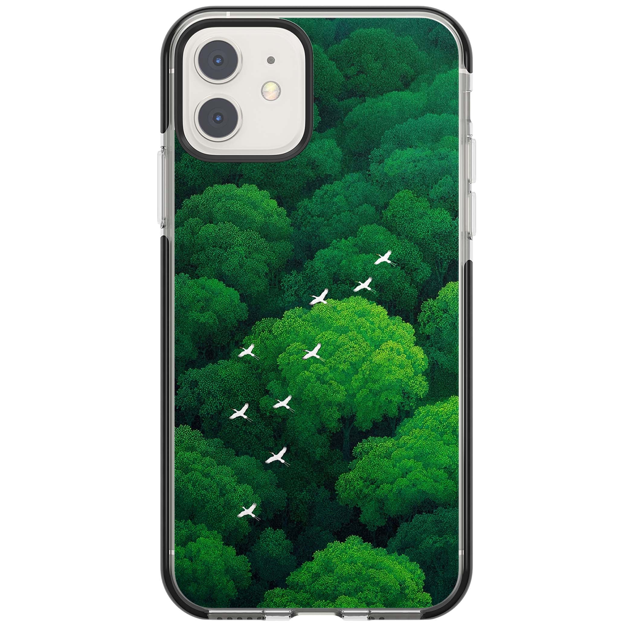 Grove Migration forest iPhone case featuring white cranes flying over lush green treetop canopy | Black Impact case for iPhone 11, iPhone 12