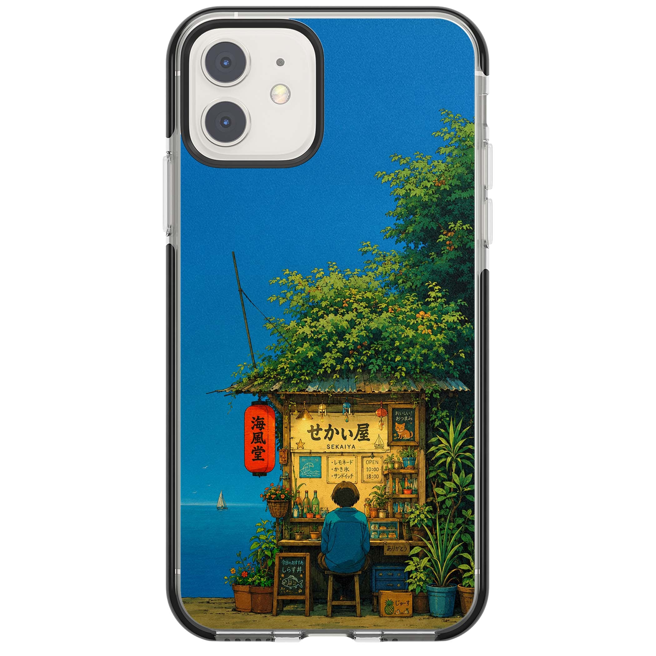 The Shirahama Kiosk anime iPhone case featuring a Japanese seaside shop, red paper lantern and ocean view | Black Impact case for iPhone 11, iPhone 12