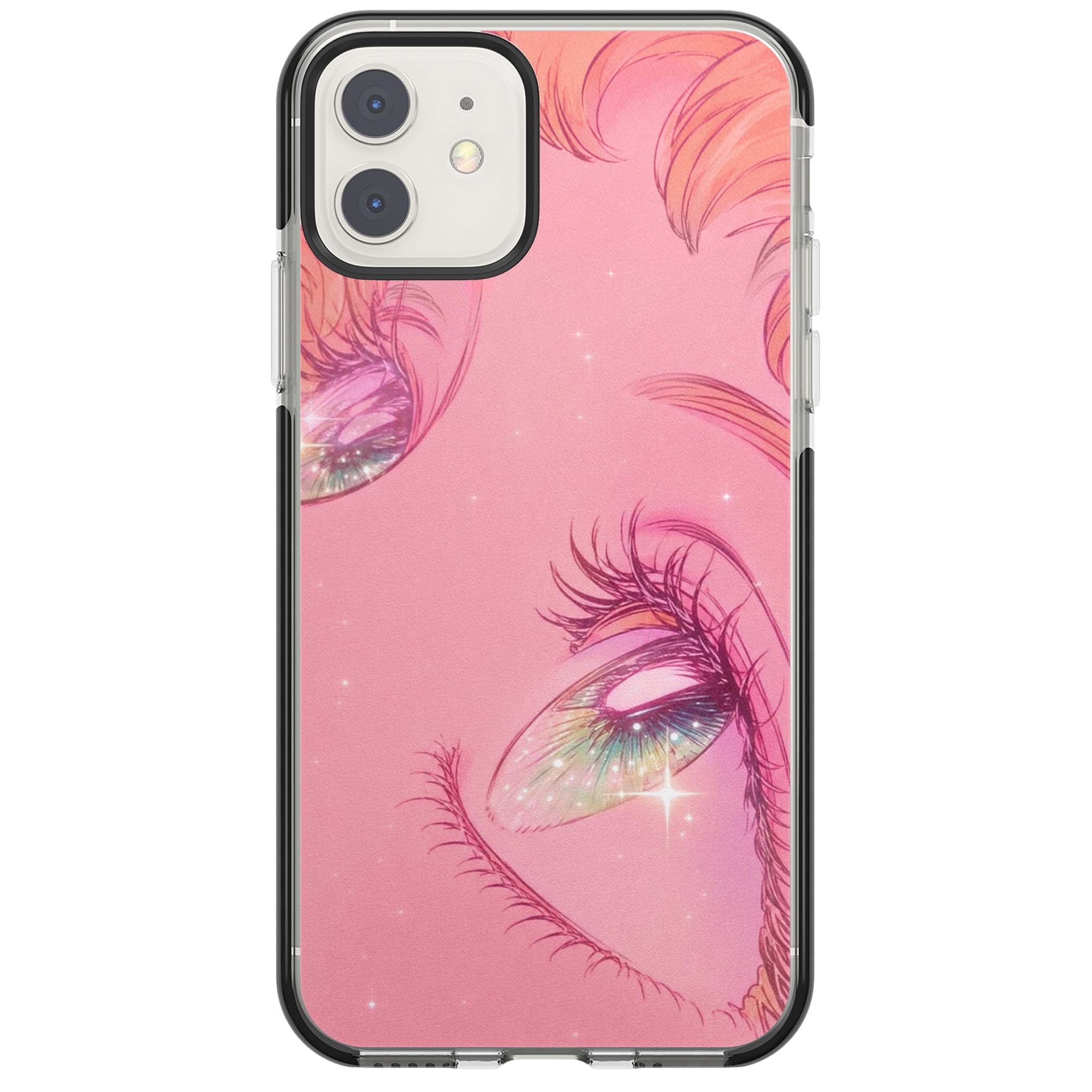 Pink Ethereal Gaze anime iPhone case featuring sparkling manga eyes, coral lashes and dreamy peach sky | Black Impact case for iPhone 11, iPhone 12