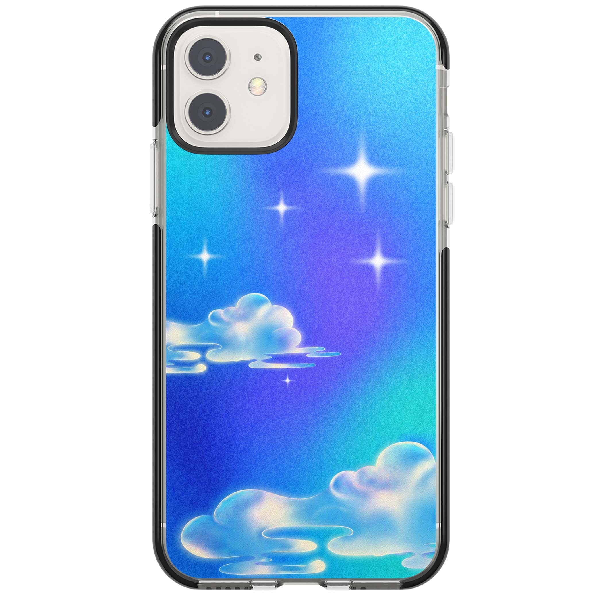 Aurora celestial iPhone case featuring dreamy iridescent clouds, sparkling stars and pastel blue purple sky | Black Impact case for iPhone 11, iPhone 12