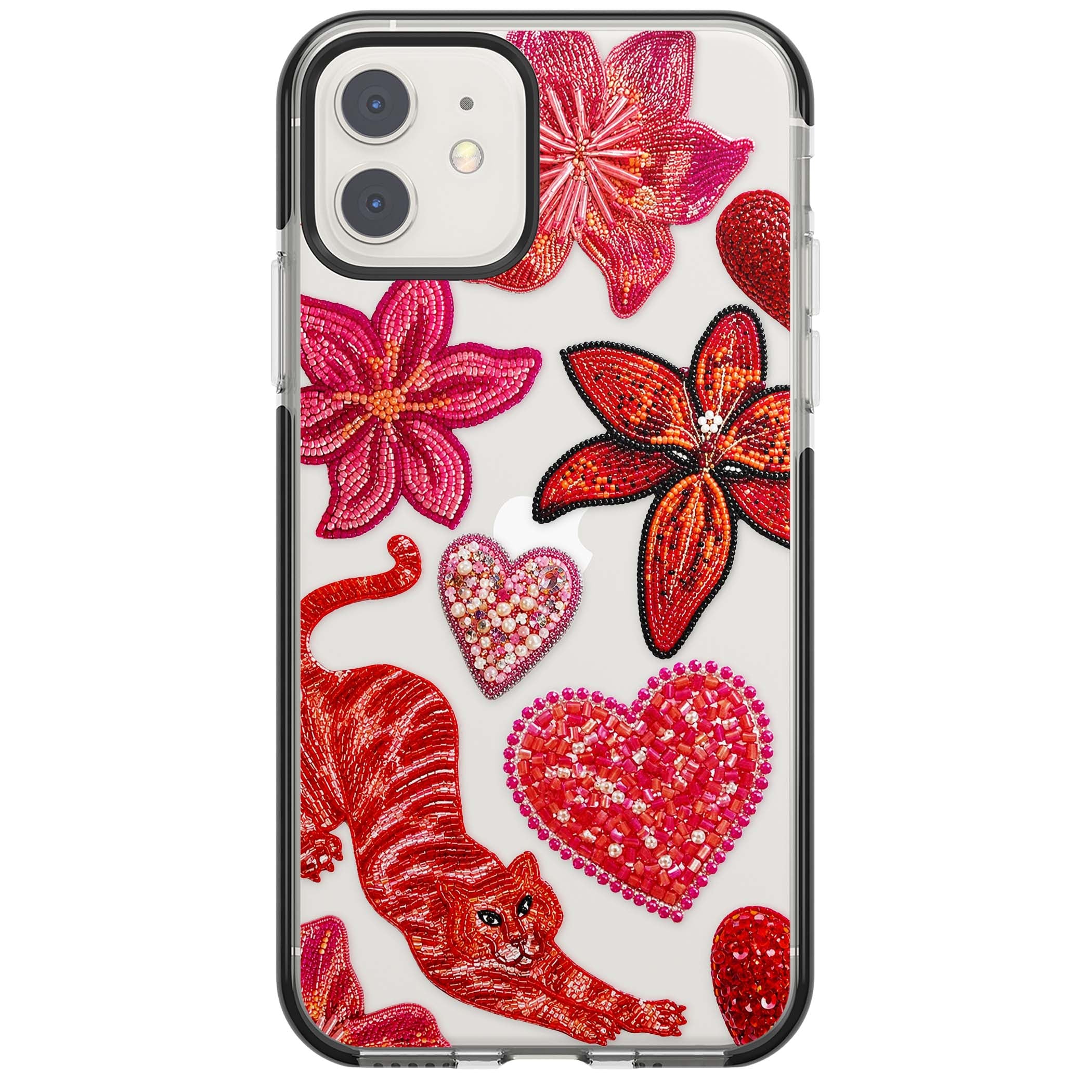 Beaded Boho floral iPhone case featuring beaded red lilies, a stitched tiger, and pearl-encrusted hearts on clear | Black Impact case for iPhone 11, iPhone 12