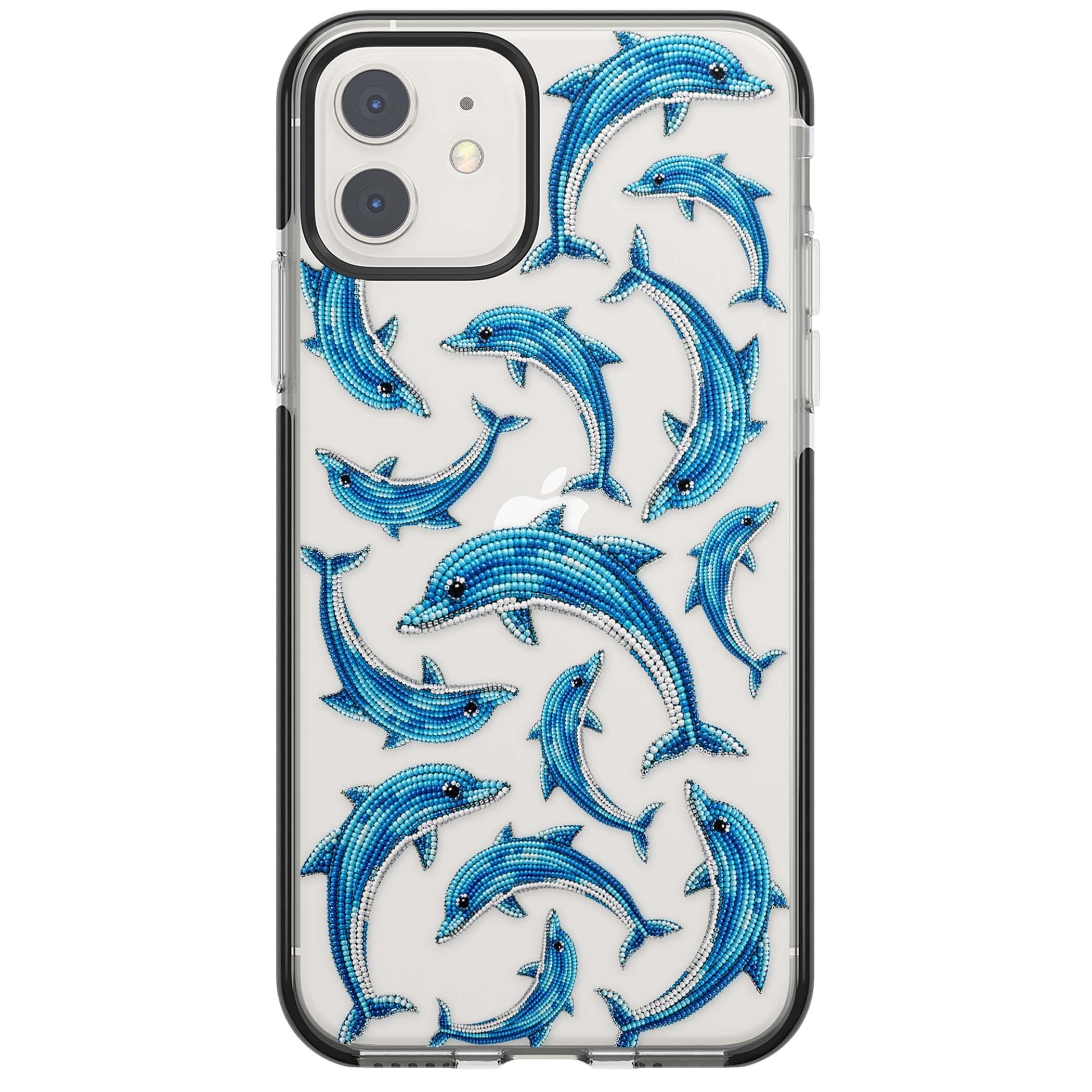Beaded Dolphins coastal iPhone case featuring beaded dolphins in blue and white swimming across a clear background | Black Impact case for iPhone 11, iPhone 12