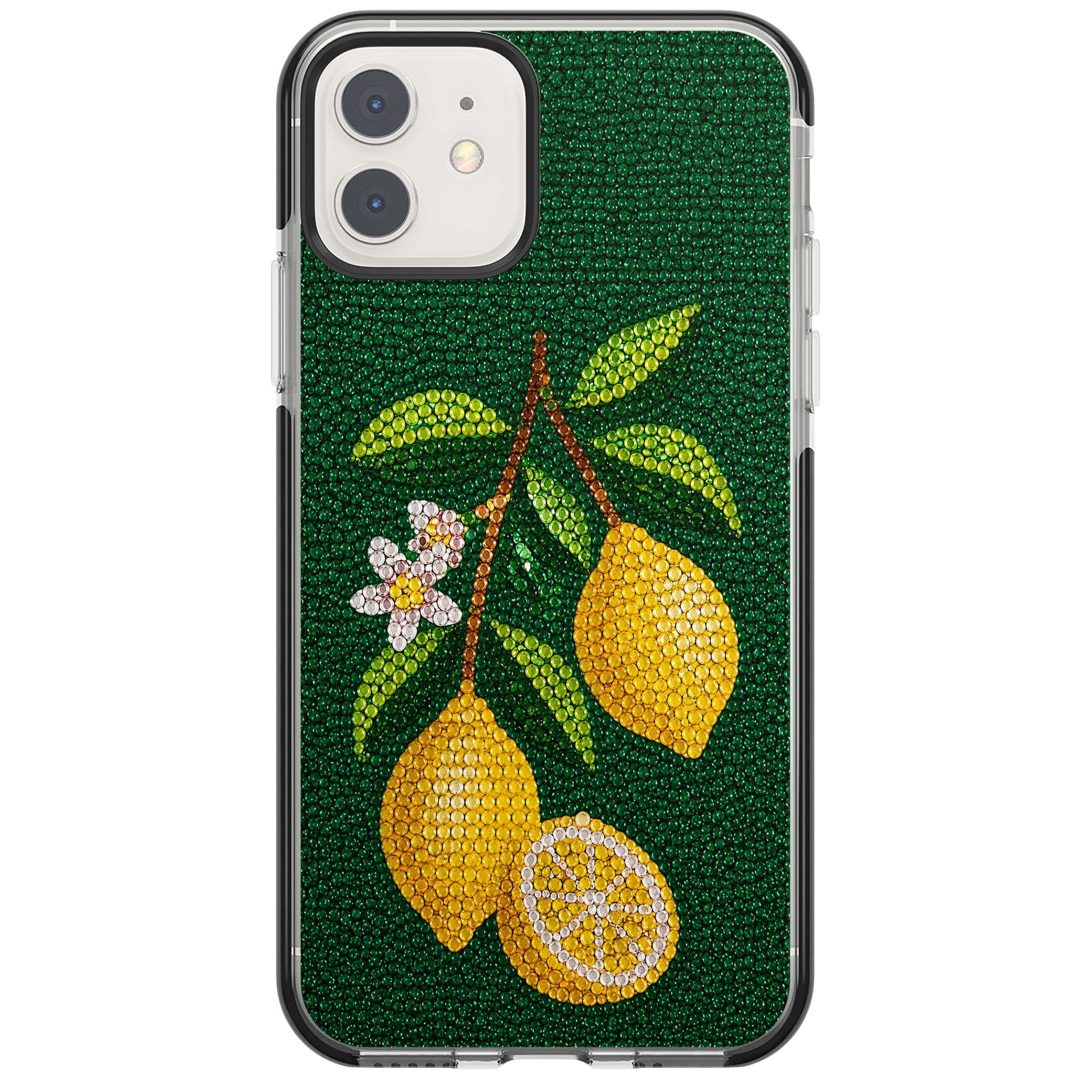 Beaded Lemons coastal iPhone case featuring crystal-beaded lemons, citrus blossom and green leaves on emerald ground | Black Impact case for iPhone 11, iPhone 12