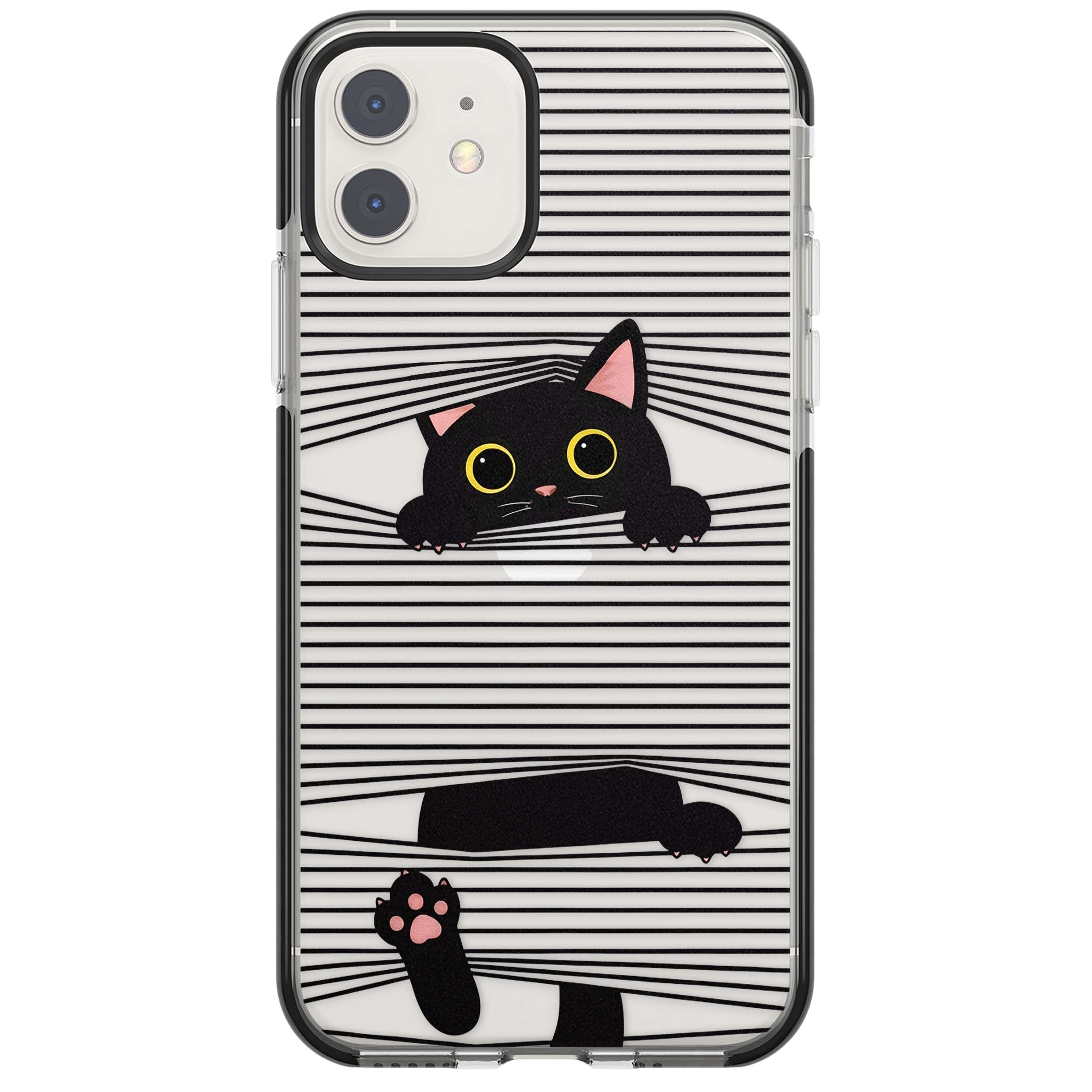 Peek-a-Boo Cat minimal iPhone case featuring black cat peeking through horizontal black and white stripes | Black Impact case for iPhone 11, iPhone 12