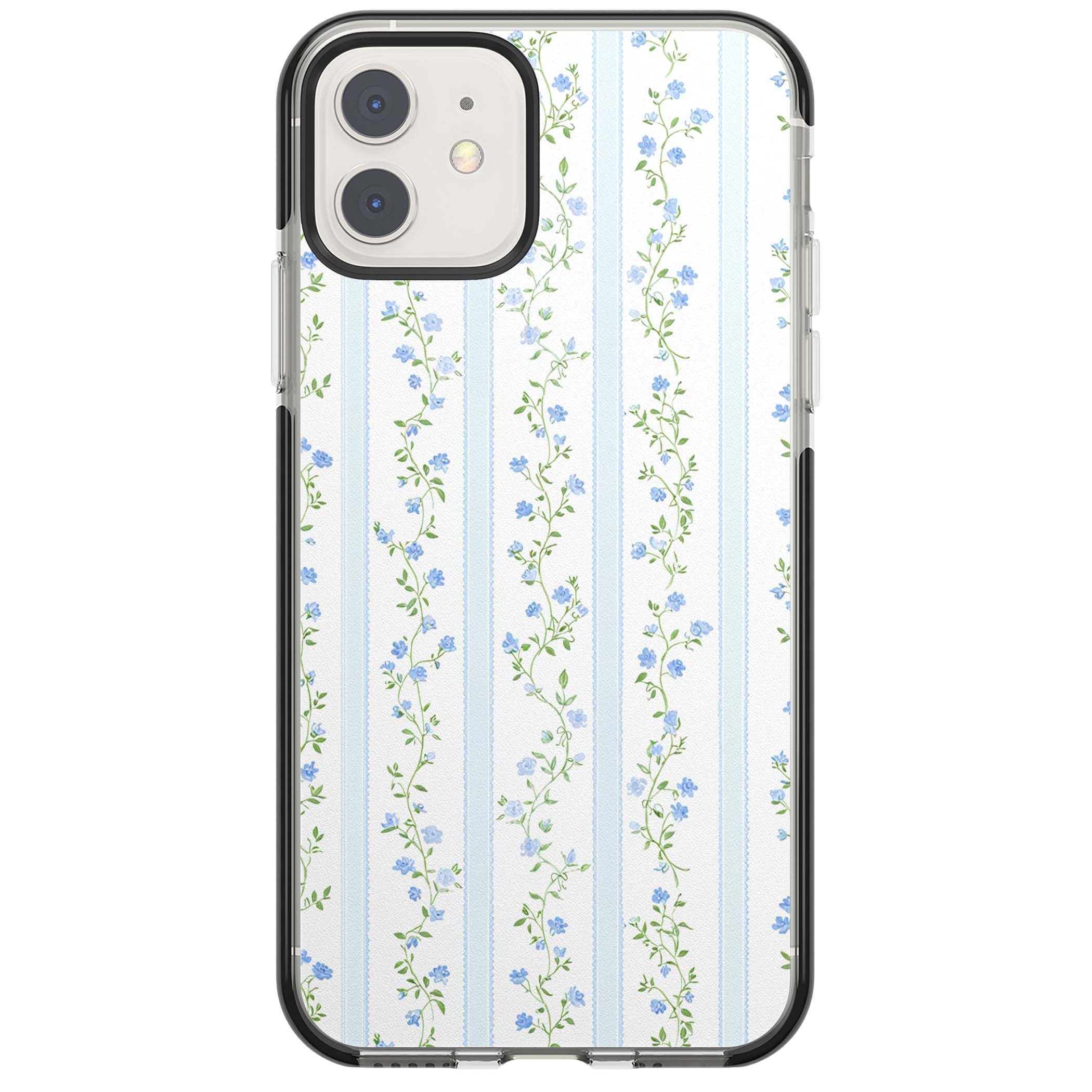 Bluebell Vine cottagecore iPhone case featuring climbing blue roses, trailing green vines, and pale ticking stripes | Black Impact case for iPhone 11, iPhone 12