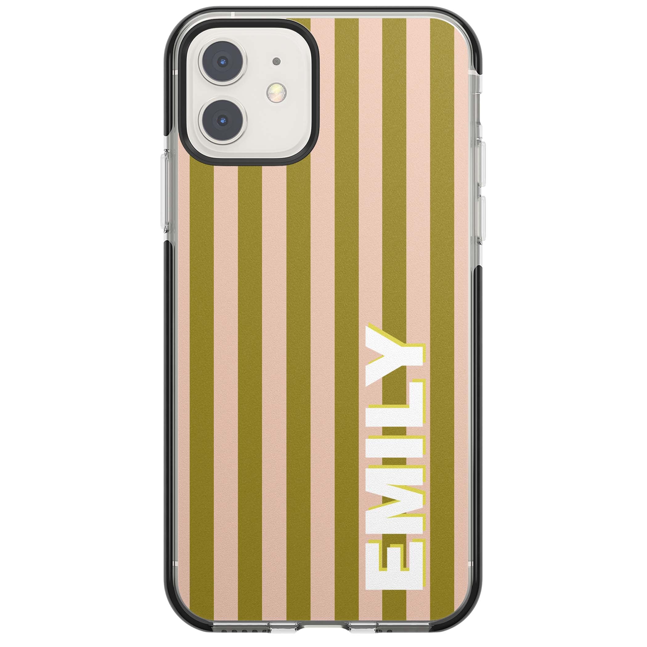 Indian Stripe personalised iPhone case featuring olive green and blush pink vertical stripes with custom name in whit | Black Impact case for iPhone 11, iPhone 12