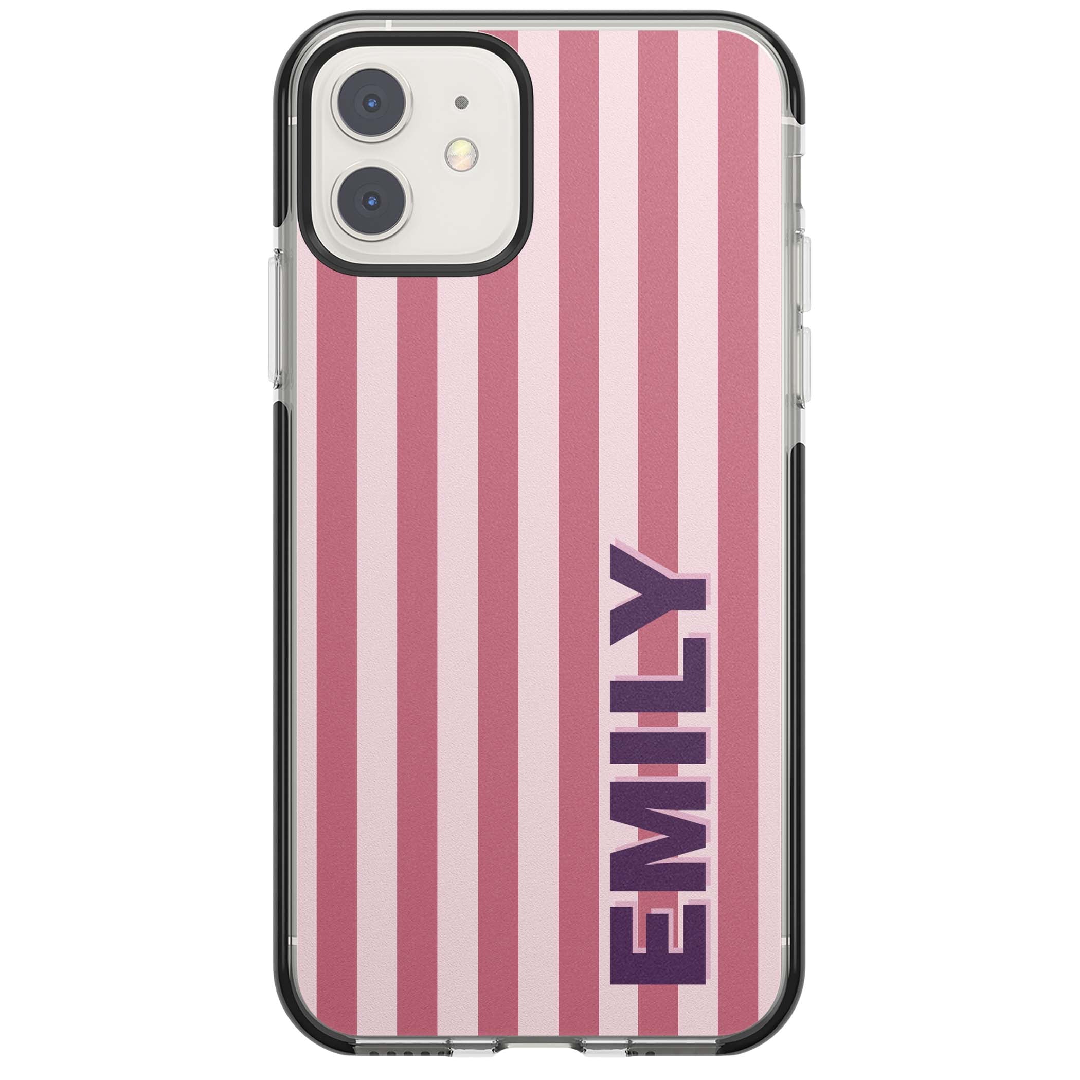Victoria Stripe personalised iPhone case featuring pink vertical stripes and custom name in bold plum lettering | Black Impact case for iPhone 11, iPhone 12