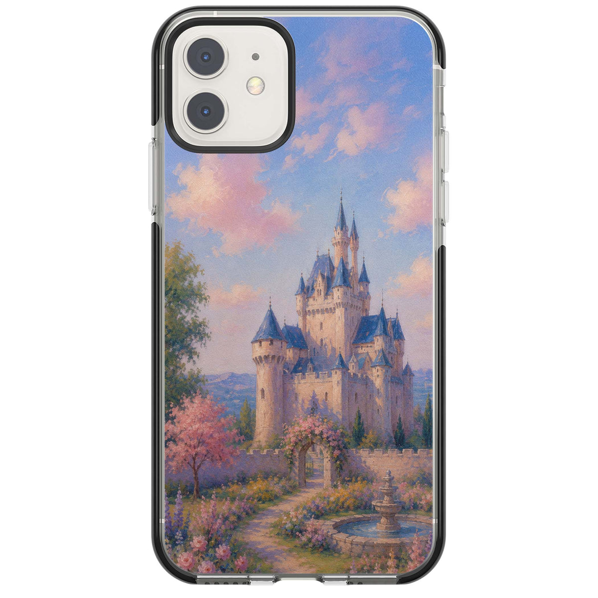 Enchanted Kingdom fairytale iPhone case featuring a romantic castle painting with cherry blossoms and pastel pink sky | Black Impact case for iPhone 11, iPhone 12