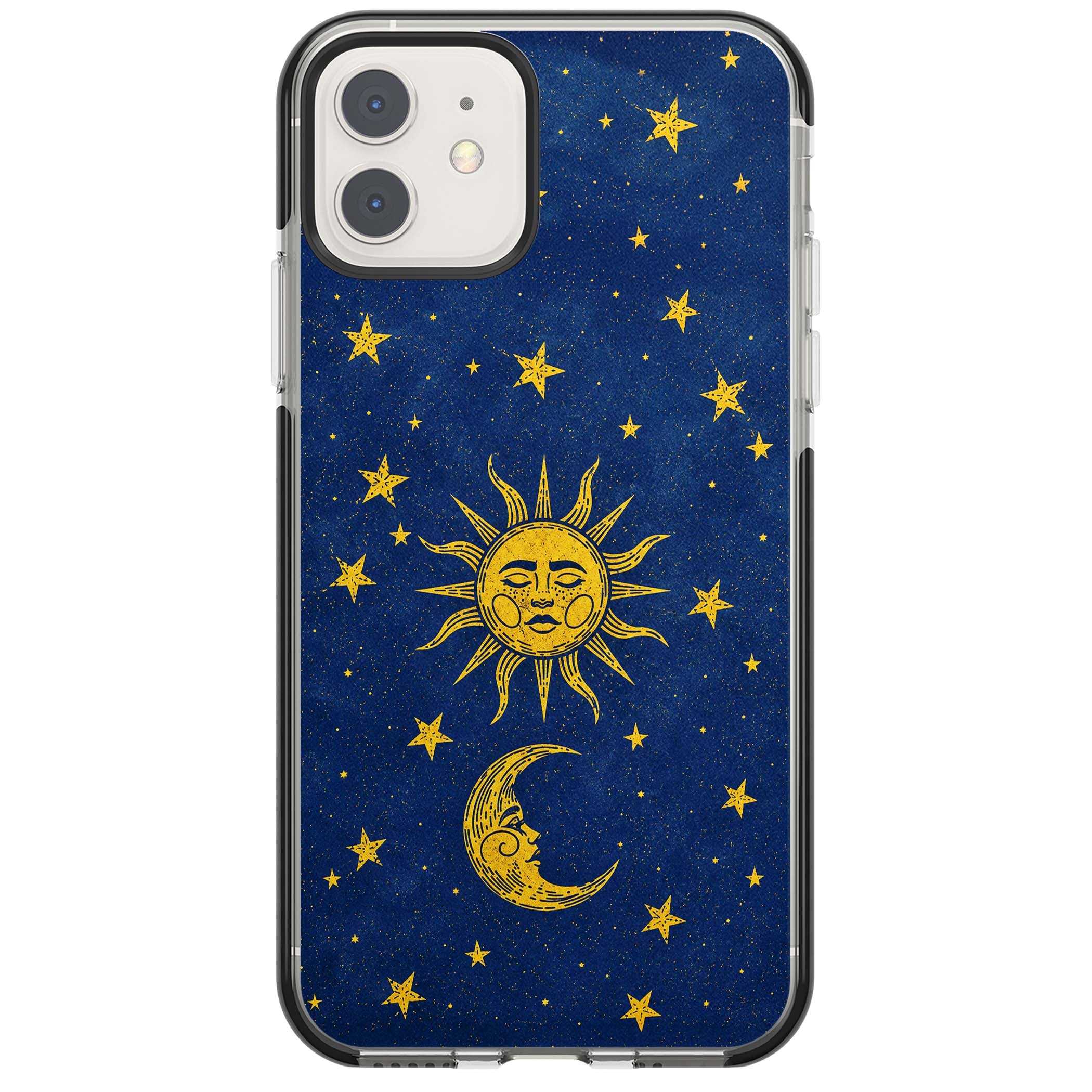 Sun & Moon Reverie celestial iPhone case featuring a vintage golden sun, crescent moon and scattered stars on midnight blue | Black Impact case for iPhone 11, iPhone 12