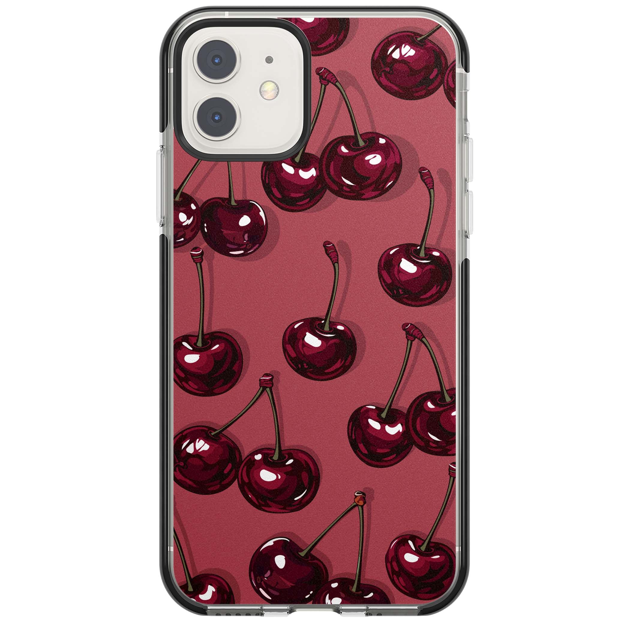 Cherry Rebel coquette iPhone case featuring glossy burgundy cherries on a dusty rose background | Black Impact case for iPhone 11, iPhone 12