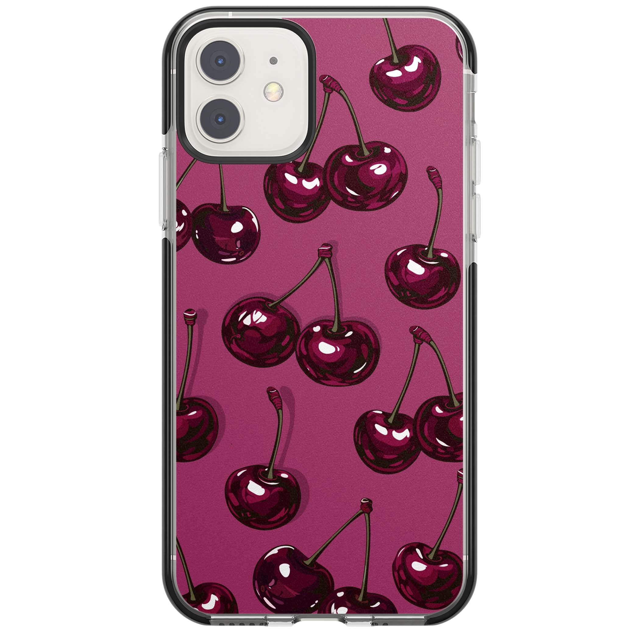 Cherry Soda coquette iPhone case featuring glossy burgundy cherries on a dusty pink background | Black Impact case for iPhone 11, iPhone 12
