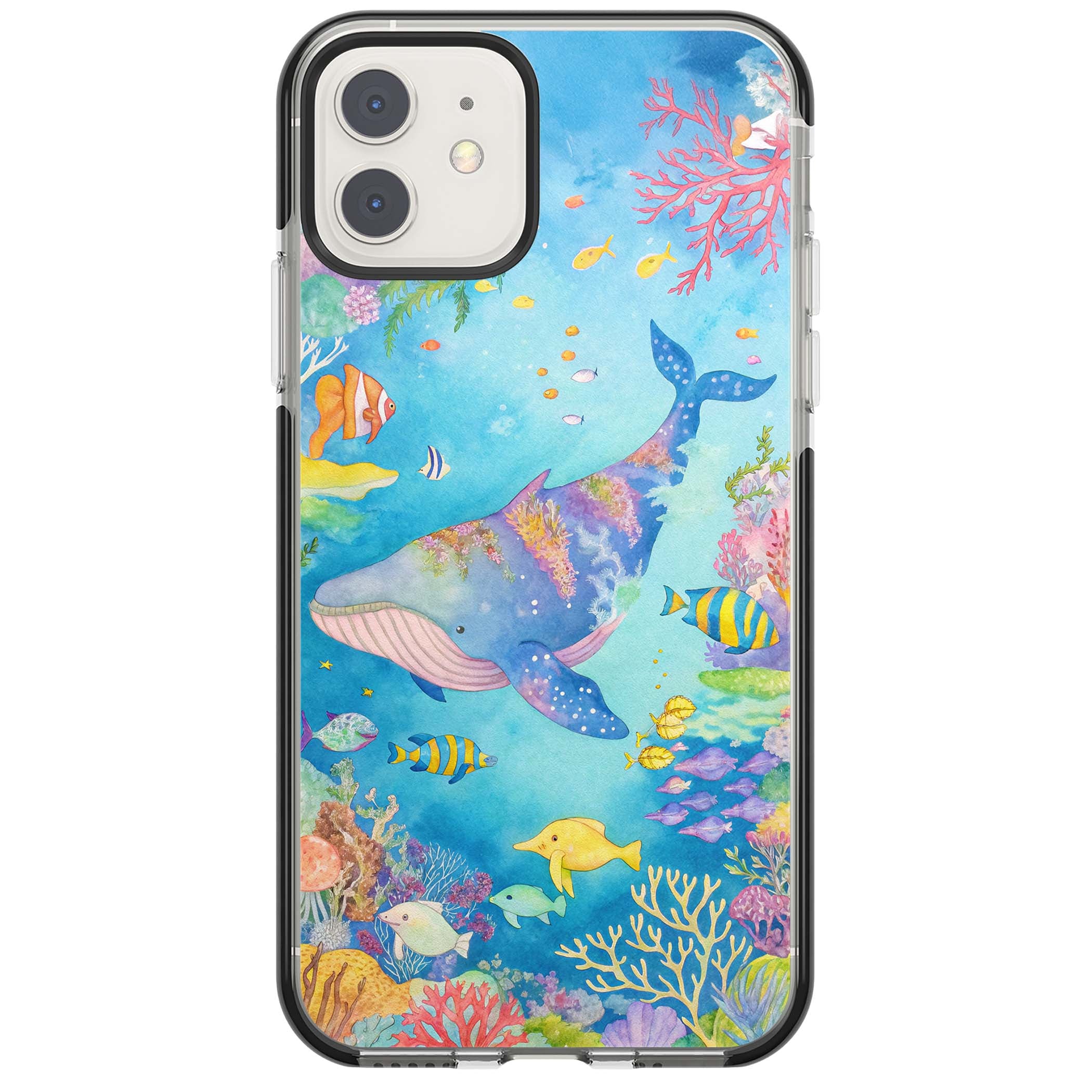 Coral Lagoon ocean iPhone case featuring a watercolour whale, coral reef and tropical fish | Black Impact case for iPhone 11, iPhone 12