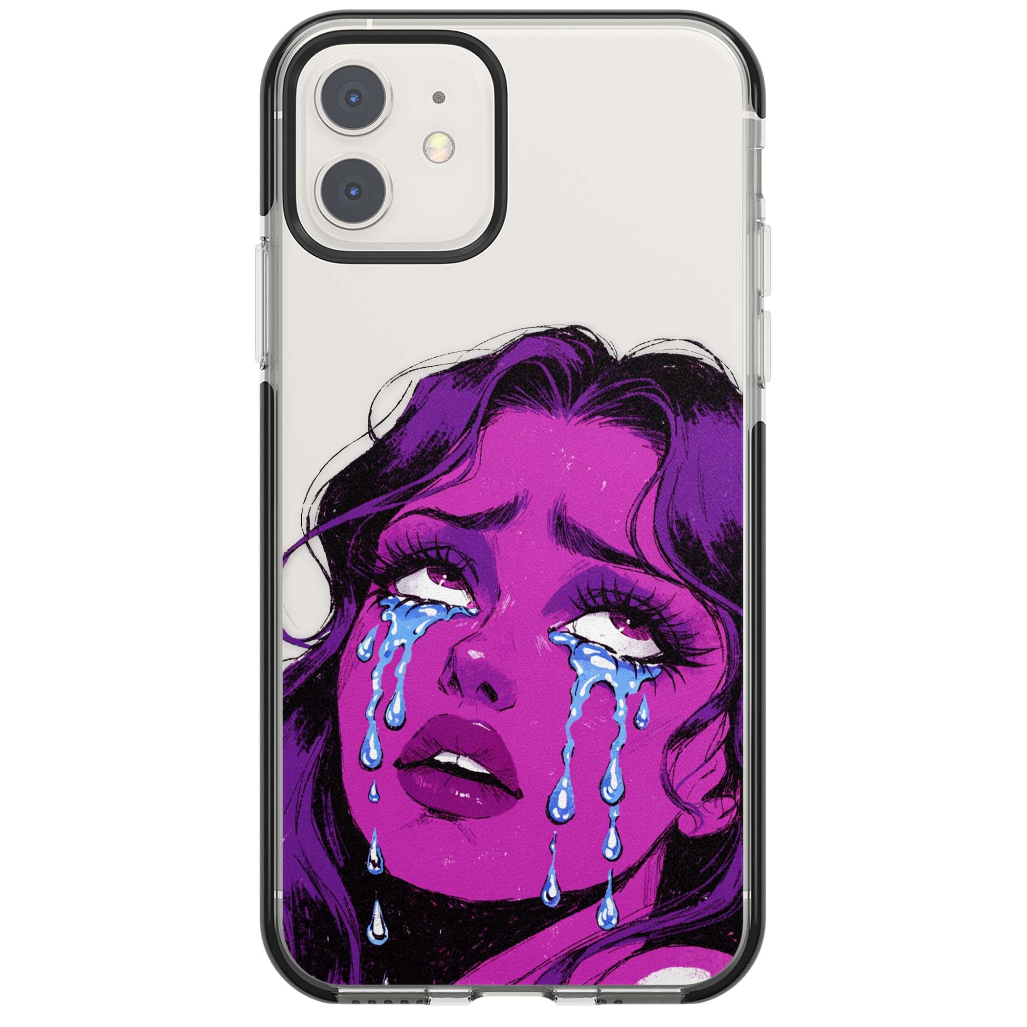 Drama Queen pop art iPhone case featuring a purple crying comic girl with blue tears | Black Impact case for iPhone 11, iPhone 12
