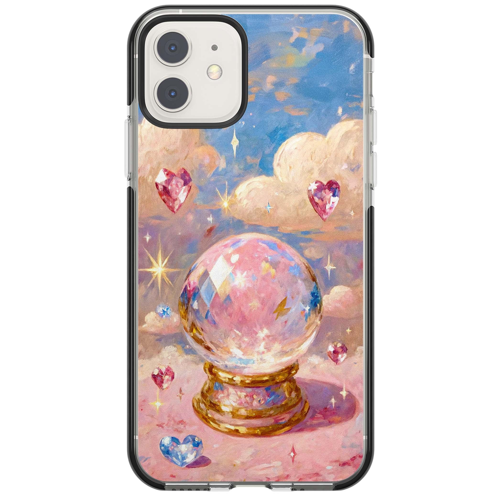 Crystal Ball fairycore iPhone case featuring a painted crystal ball, heart gemstones, and pastel clouds | Black Impact case for iPhone 11, iPhone 12