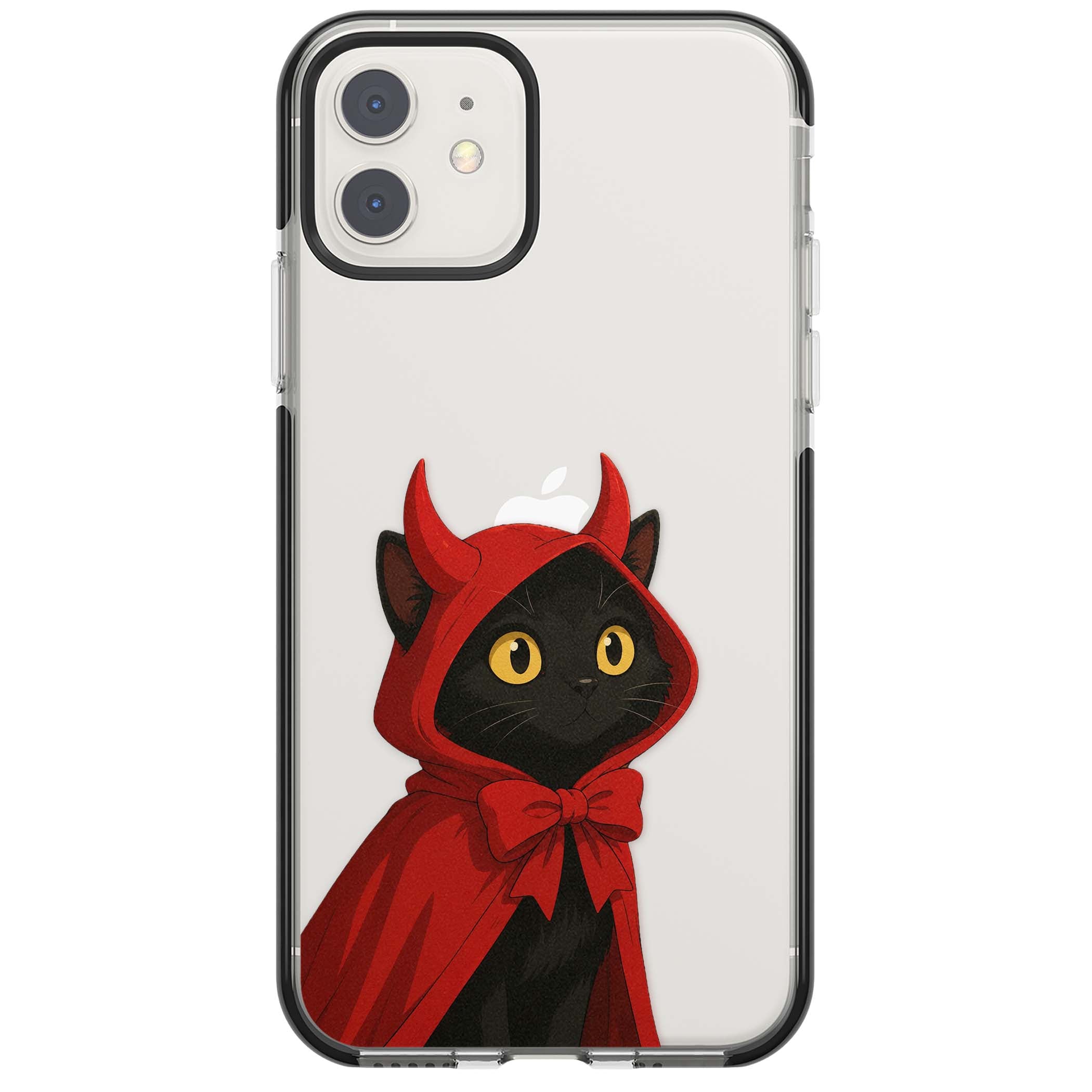 Little Devil halloween iPhone case featuring a black cat in a red hooded devil cloak with horns and golden eyes | Black Impact case for iPhone 11, iPhone 12
