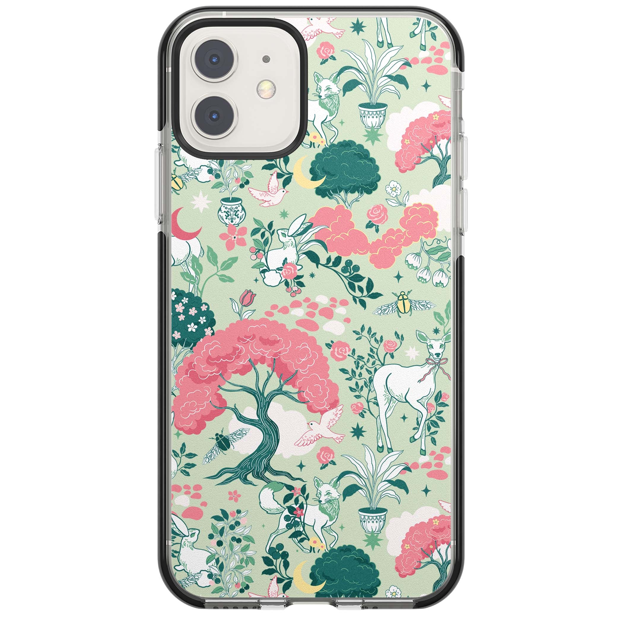 Enchanted Woodland cottagecore iPhone case featuring white deer, pink roses, mushrooms and woodland animals on sage green | Black Impact case for iPhone 11, iPhone 12