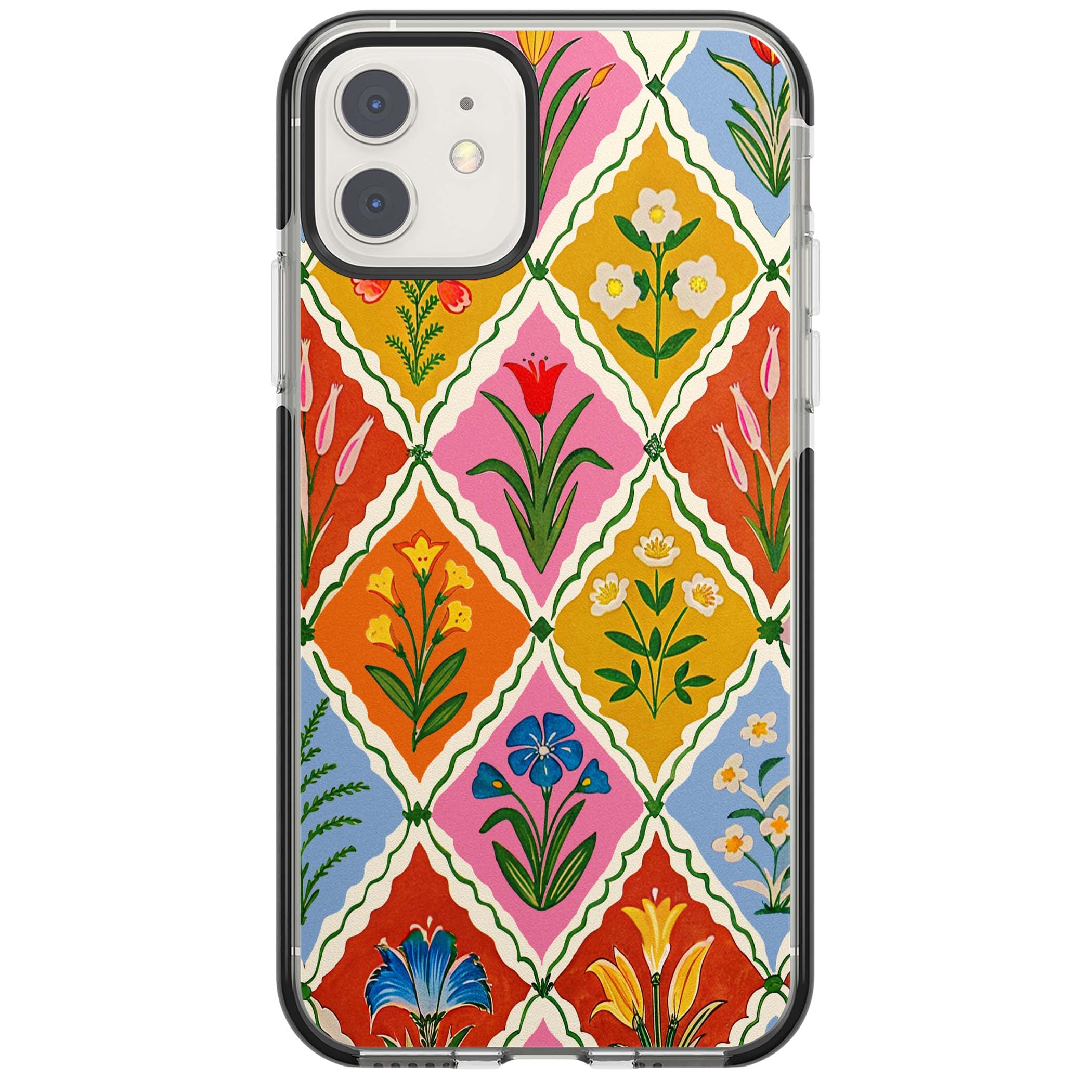 Floral Quilt boho floral iPhone case featuring diamond lattice pattern, hand-painted tulips and folk art wildflowers | Black Impact case for iPhone 11, iPhone 12
