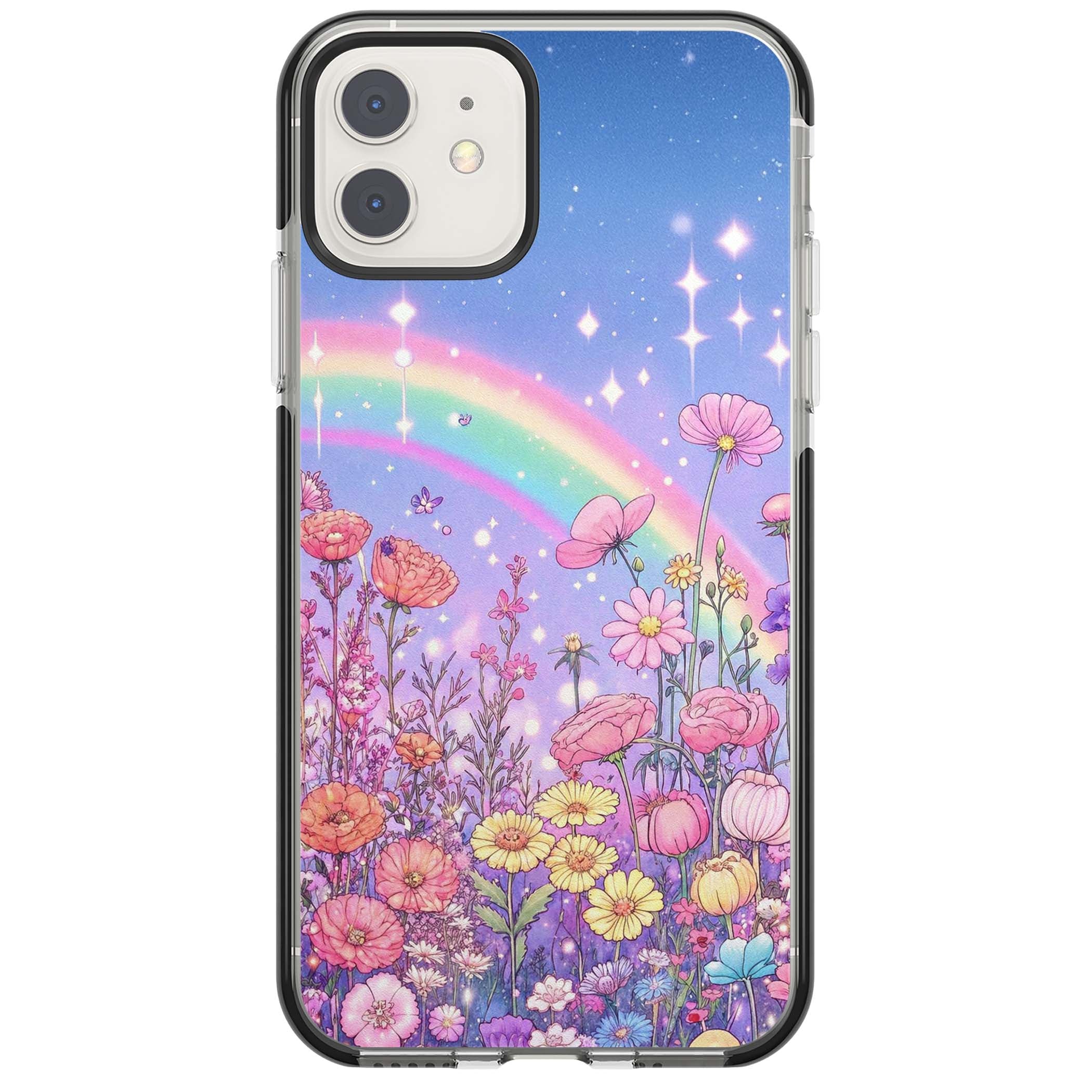 Magical Meadow fairycore iPhone case featuring a pastel rainbow, sparkling stars and a wildflower meadow | Black Impact case for iPhone 11, iPhone 12