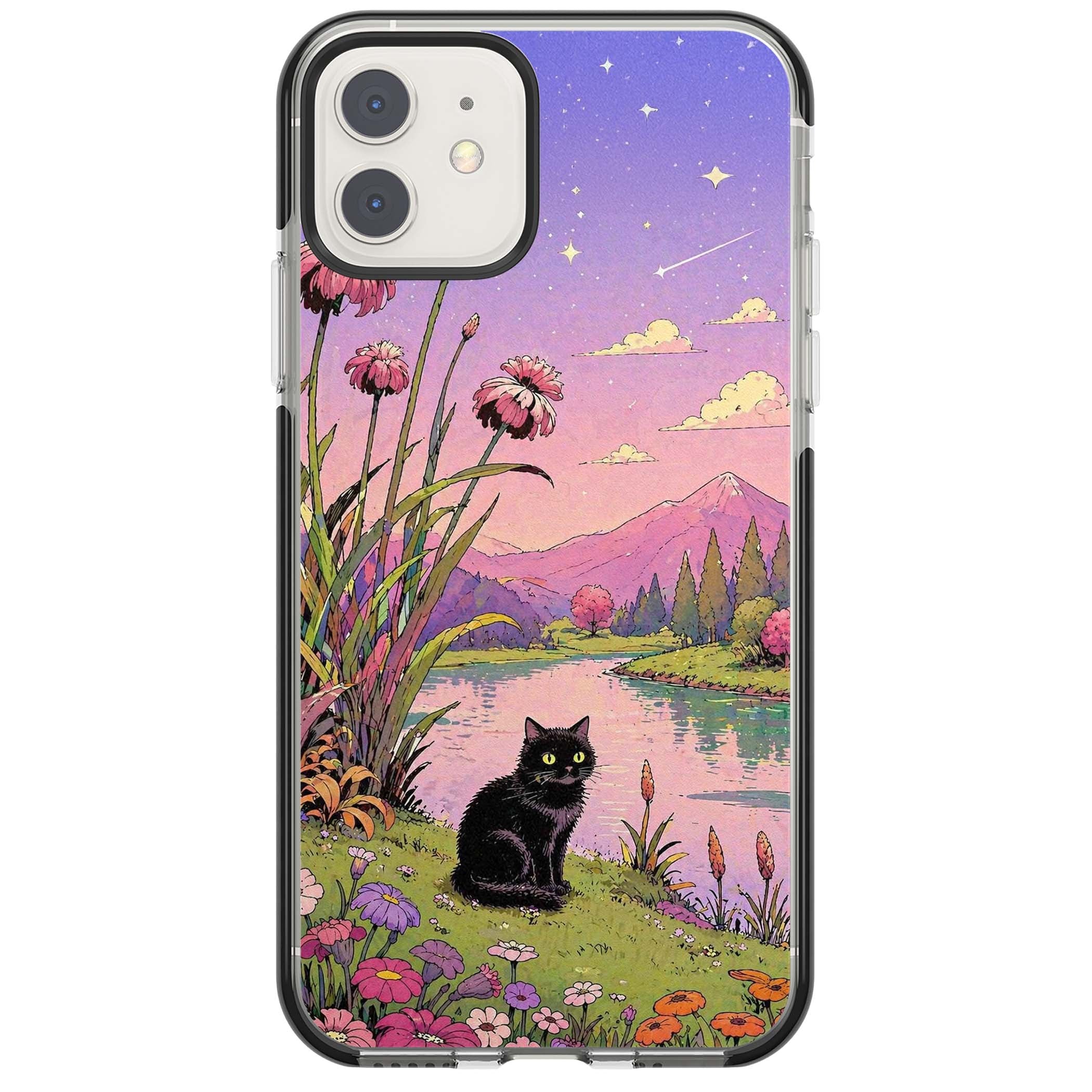Mystic Whiskers ghibli iPhone case featuring a black cat by a pastel lake, wildflowers and a starry sunset sky | Black Impact case for iPhone 11, iPhone 12