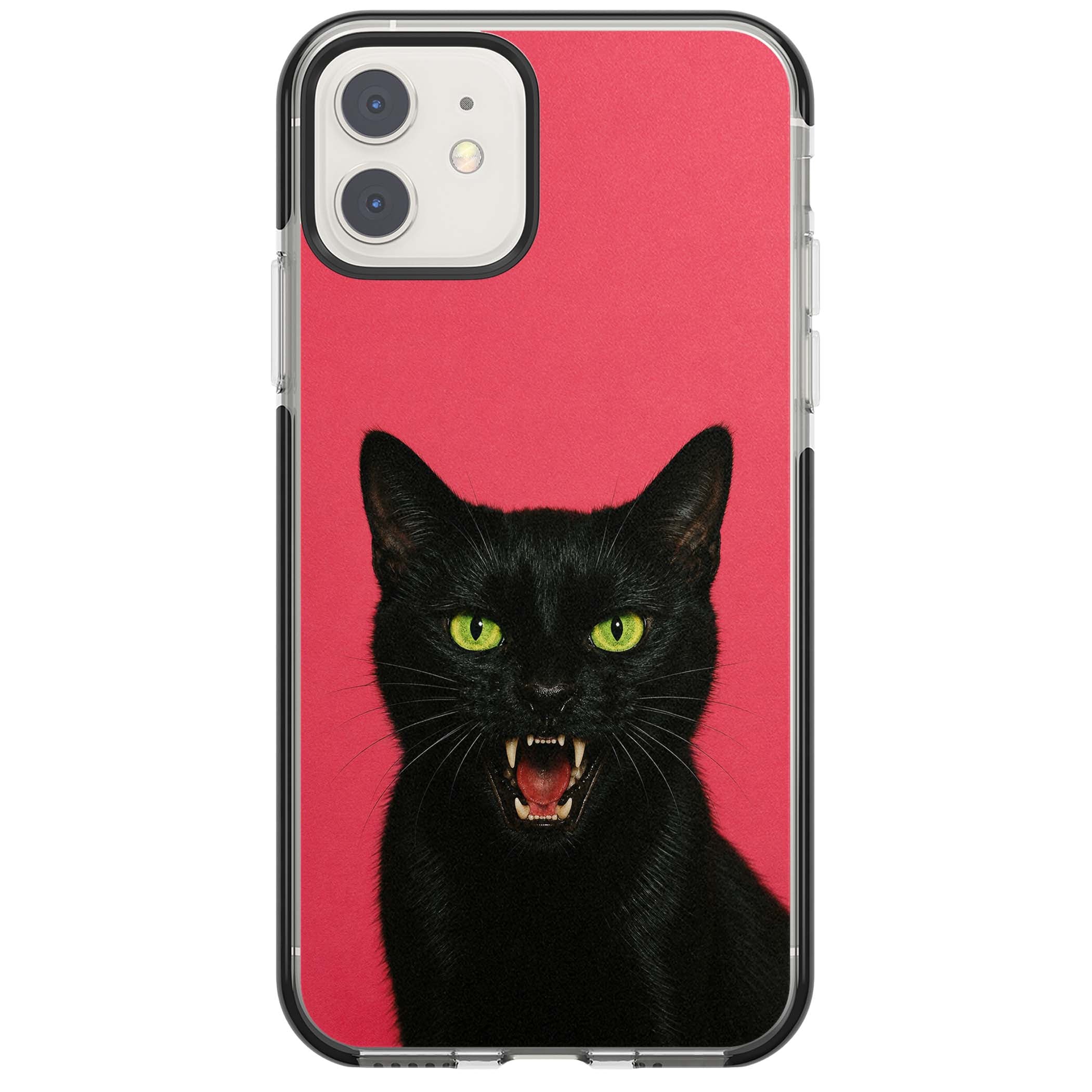 Hissin' Baddie black cat iPhone case featuring a hissing feline with green eyes on a hot pink background | Black Impact case for iPhone 11, iPhone 12