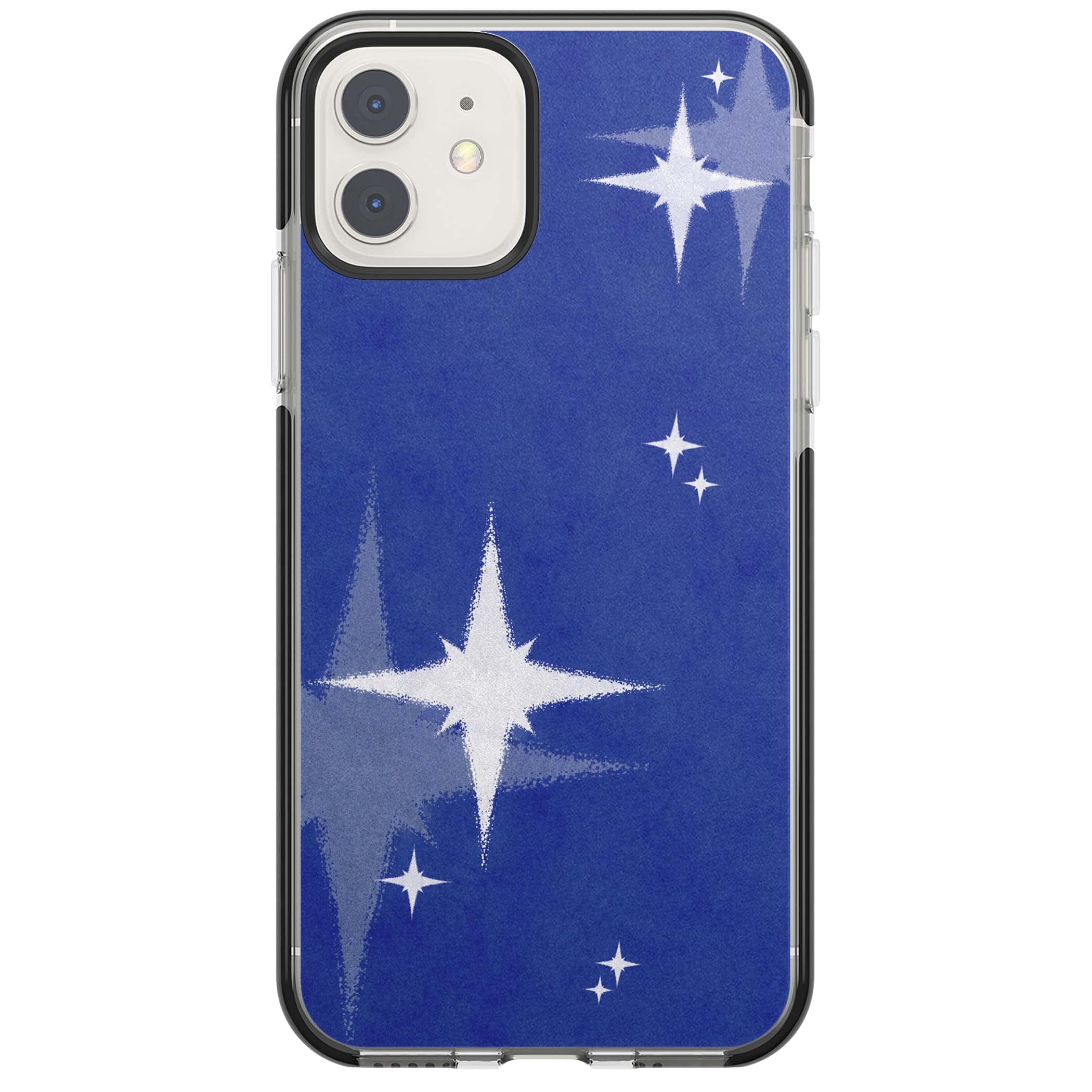 Blue Sparkle celestial iPhone case featuring sparkling silver stars on a deep blue painterly night sky | Black Impact case for iPhone 11, iPhone 12