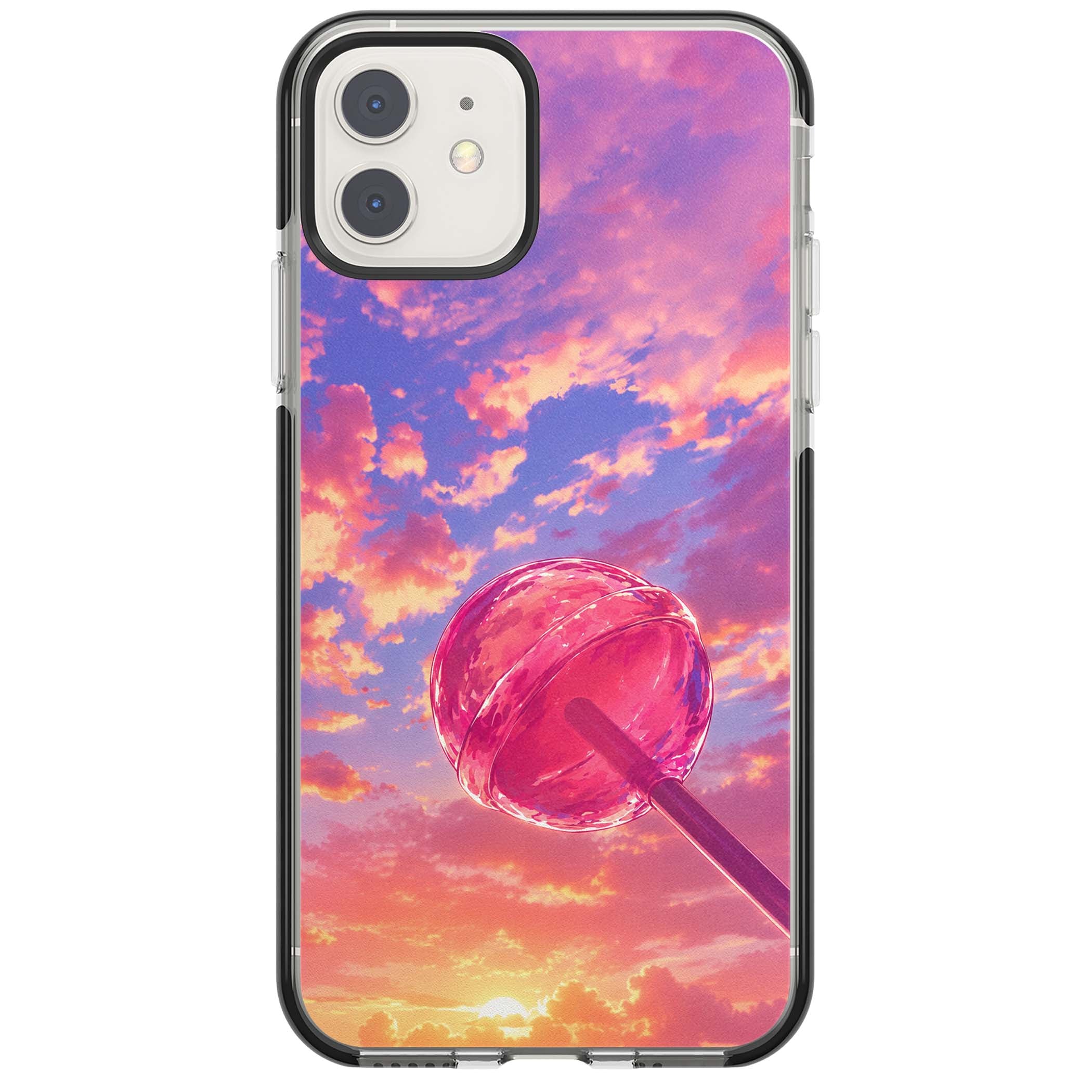 Sugar Sunset candy aesthetic iPhone case featuring a pink lollipop, pastel sunset sky and dreamy clouds | Black Impact case for iPhone 11, iPhone 12