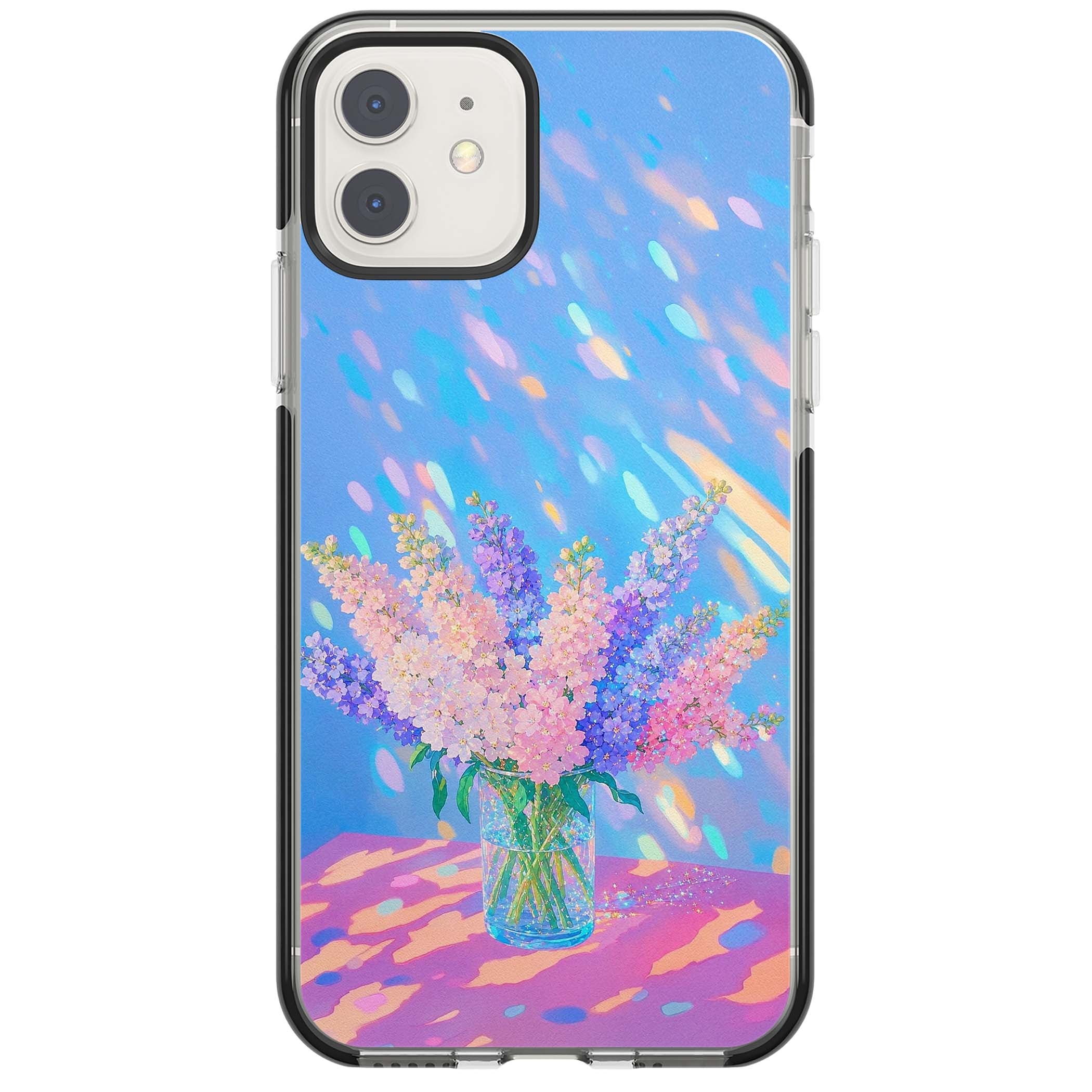 Bubblegum Flowers floral iPhone case featuring pastel lilac and pink bouquet in a glass vase with iridescent light | Black Impact case for iPhone 11, iPhone 12