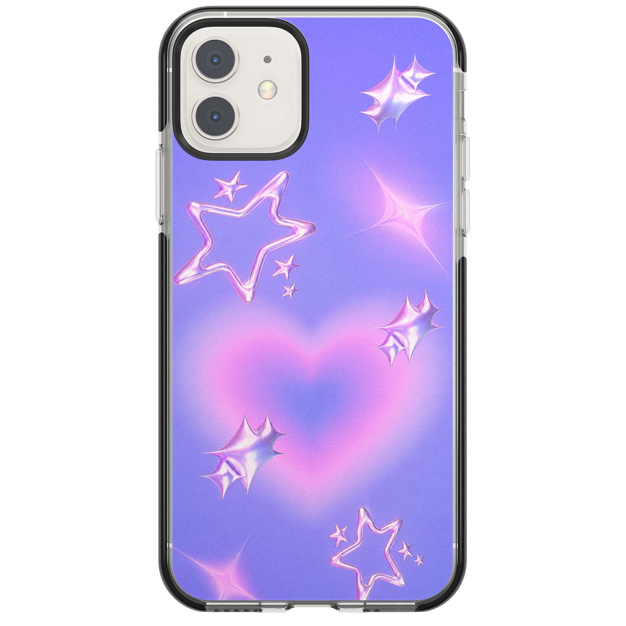 Soft Sugar Y2K iPhone case featuring iridescent chrome hearts, metallic pink stars and a lavender gradient sky | Black Impact case for iPhone 11, iPhone 12