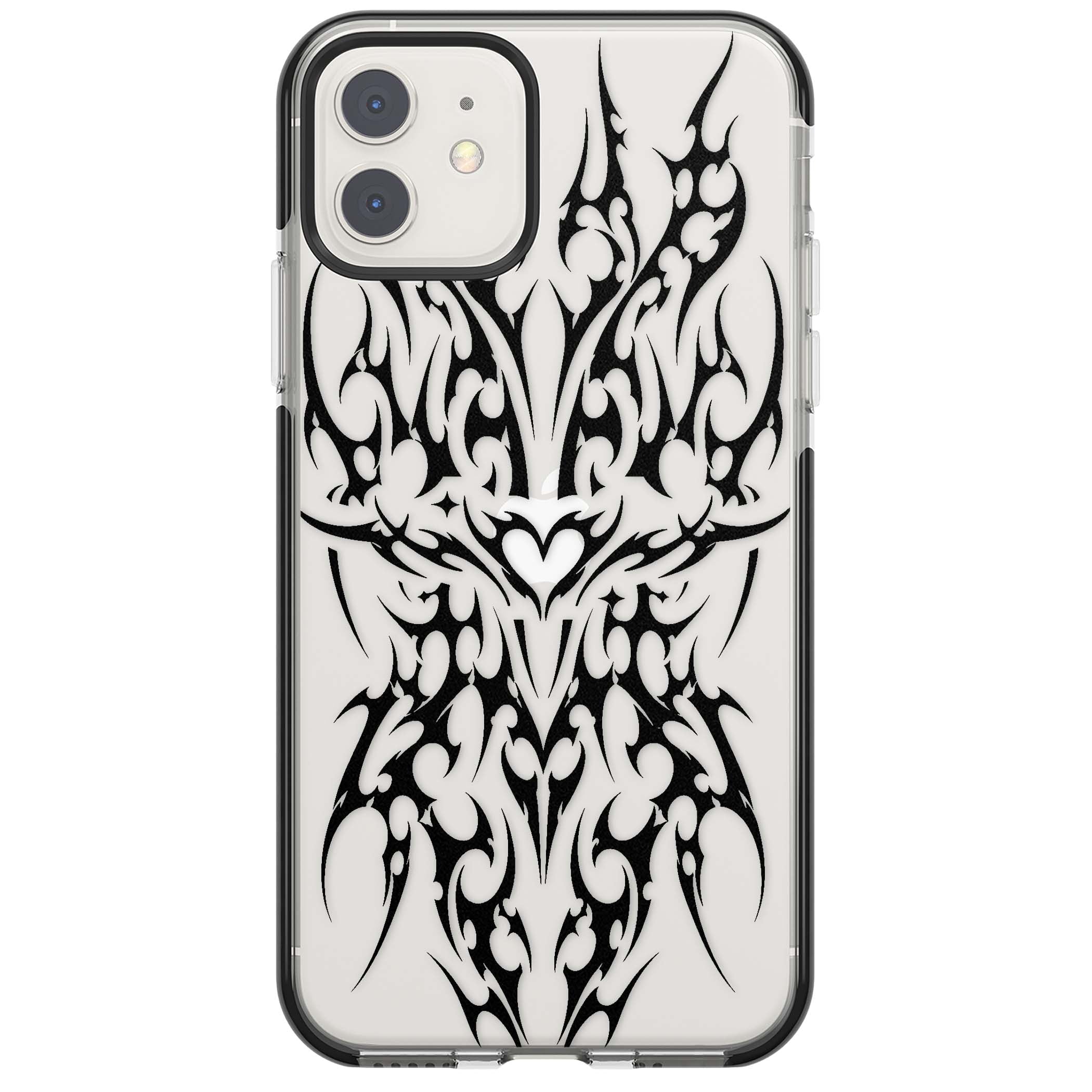 Neo Tribal Heart gothic iPhone case featuring symmetrical black tribal tattoo art with sharp thorn-like linework | Black Impact case for iPhone 11, iPhone 12