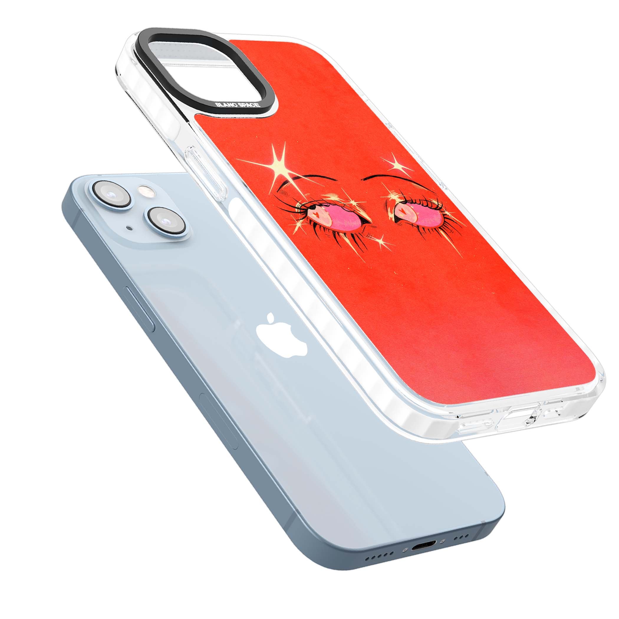 Pink Ethereal Eyes anime iPhone case featuring hand-drawn sparkly eyes with pink hearts and gold stars on red | Clear Impact case for iPhone 13, iPhone 14, iPhone 15