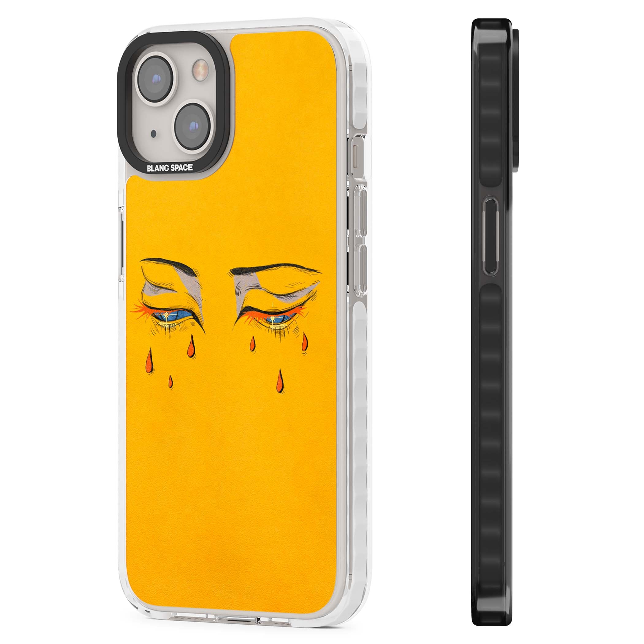 Yellow Tearful Eyes indie iPhone case featuring hand-drawn crying eyes with orange tears on a yellow background | Clear Impact case for iPhone 13, iPhone 14, iPhone 15