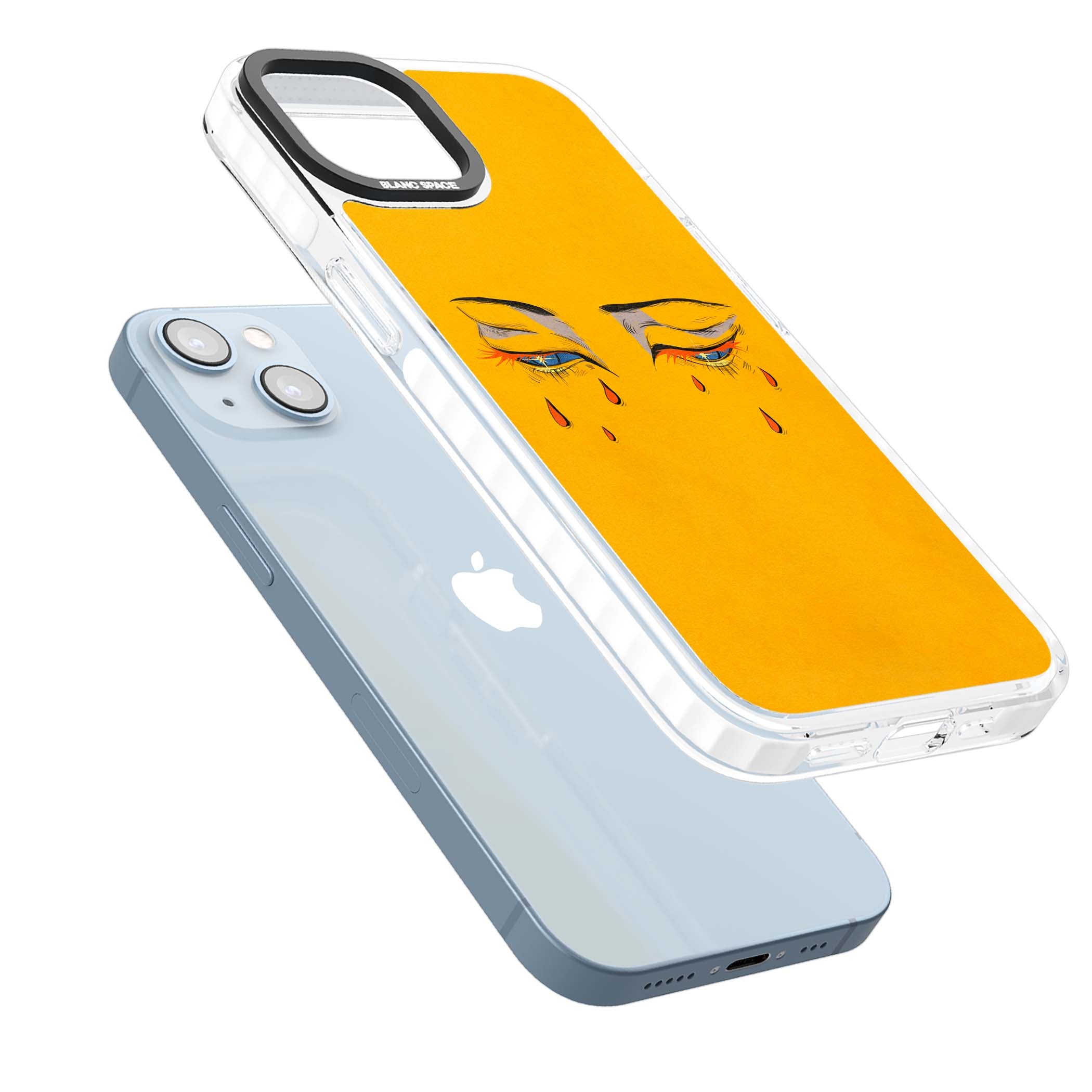 Yellow Tearful Eyes indie iPhone case featuring hand-drawn crying eyes with orange tears on a yellow background | Clear Impact case for iPhone 13, iPhone 14, iPhone 15
