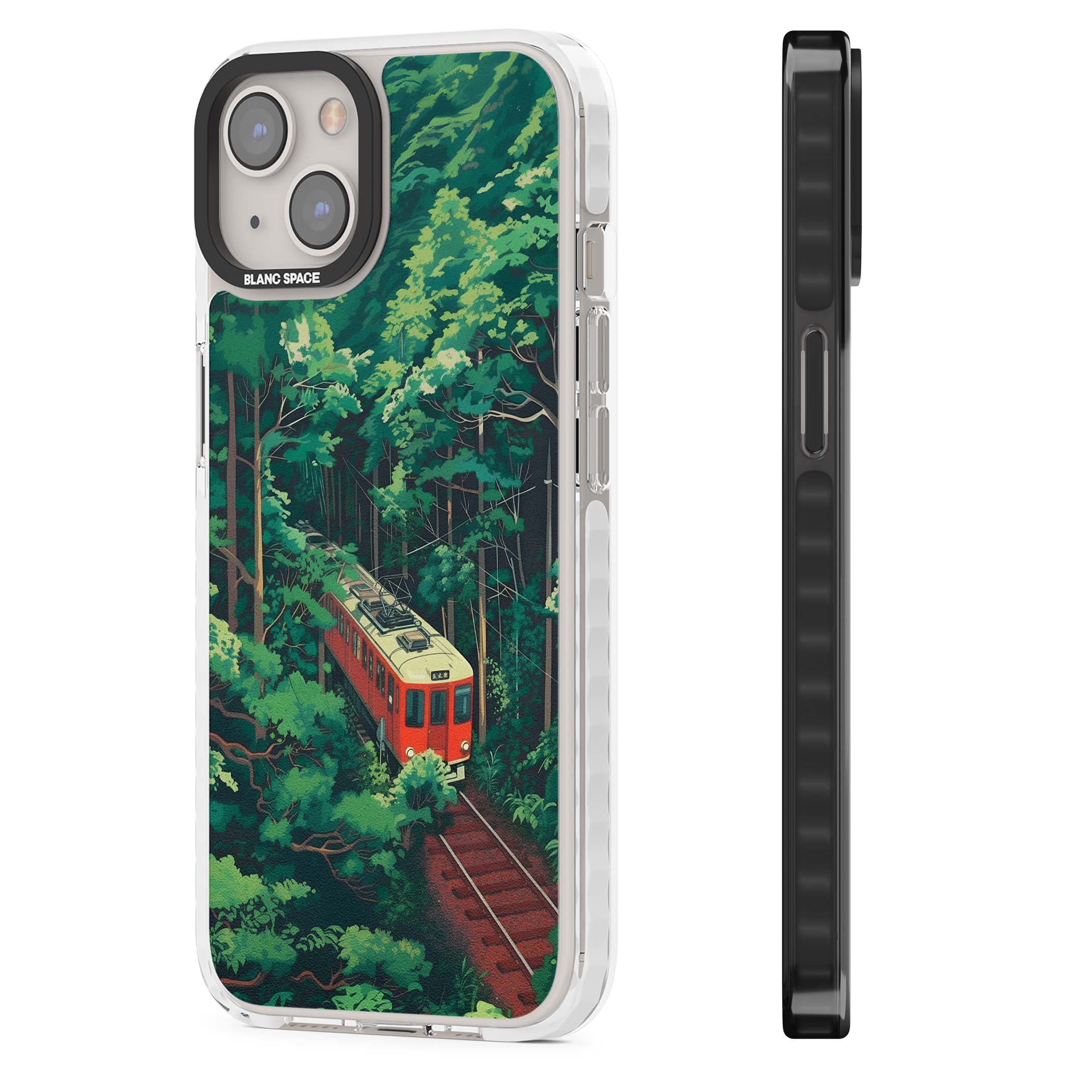 Railway In Toyama Japanese iPhone case featuring a red train, cedar forest and winding mountain railway tracks | Clear Impact case for iPhone 13, iPhone 14, iPhone 15
