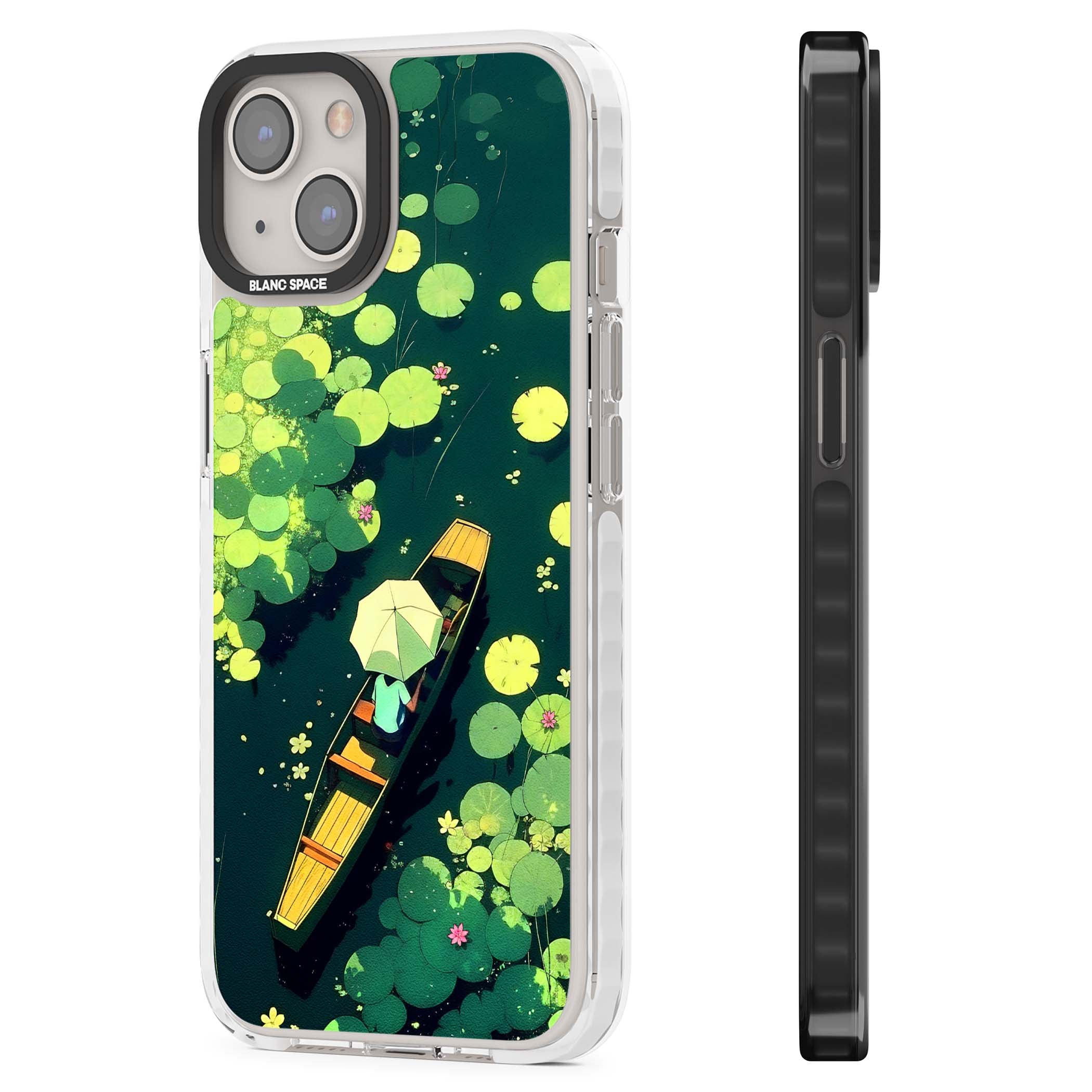 Jade Waters cottagecore iPhone case featuring a painted lily pond, wooden boat with parasol and floating water lilies | Clear Impact case for iPhone 13, iPhone 14, iPhone 15