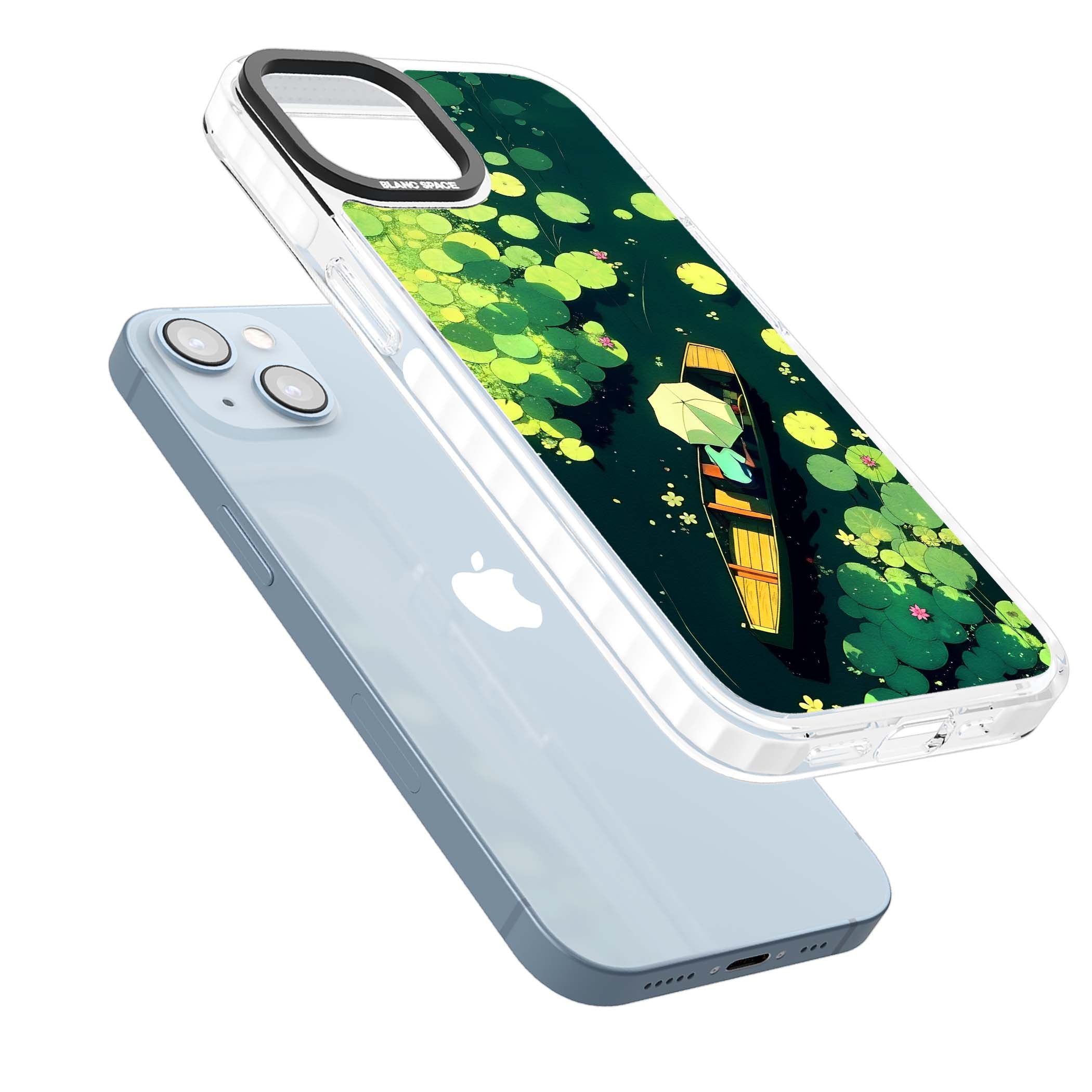 Jade Waters cottagecore iPhone case featuring a painted lily pond, wooden boat with parasol and floating water lilies | Clear Impact case for iPhone 13, iPhone 14, iPhone 15