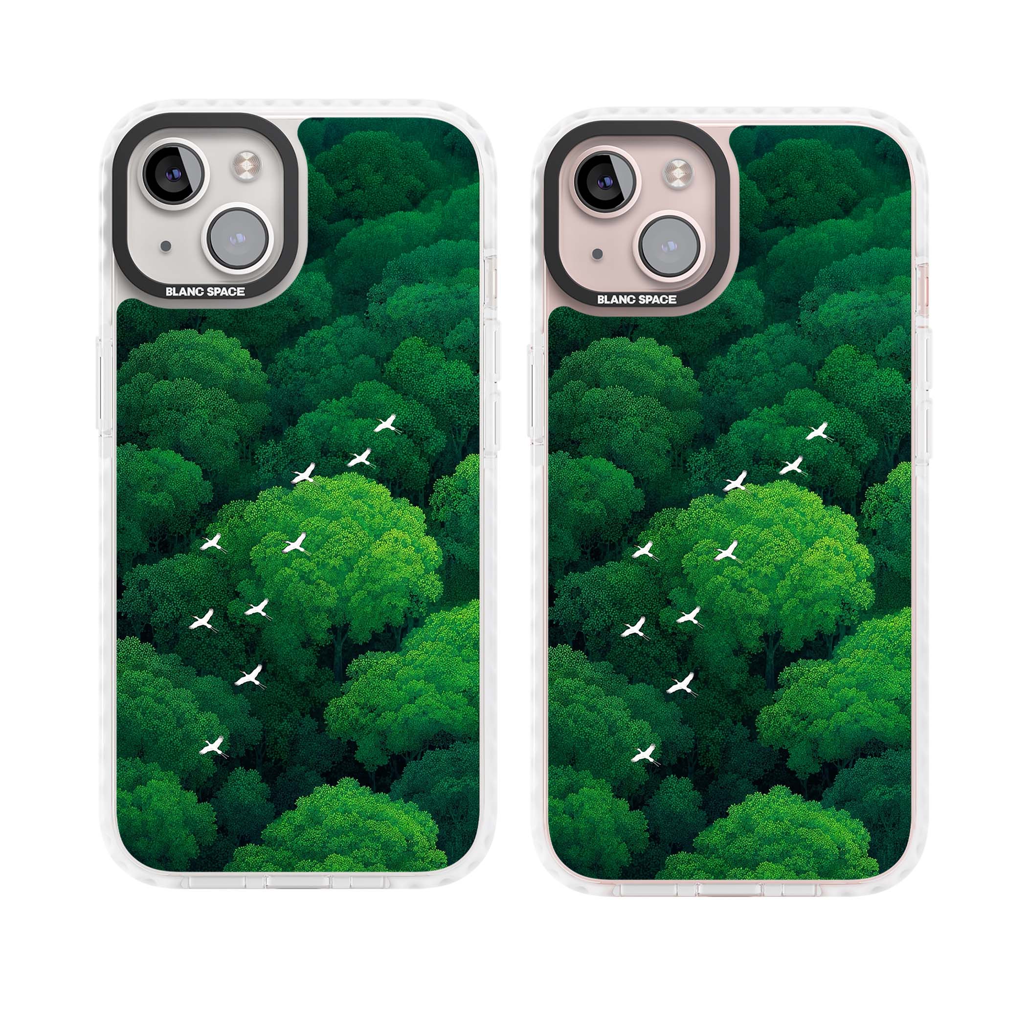 Grove Migration forest iPhone case featuring white cranes flying over lush green treetop canopy | Clear Impact case for iPhone 13, iPhone 14, iPhone 15
