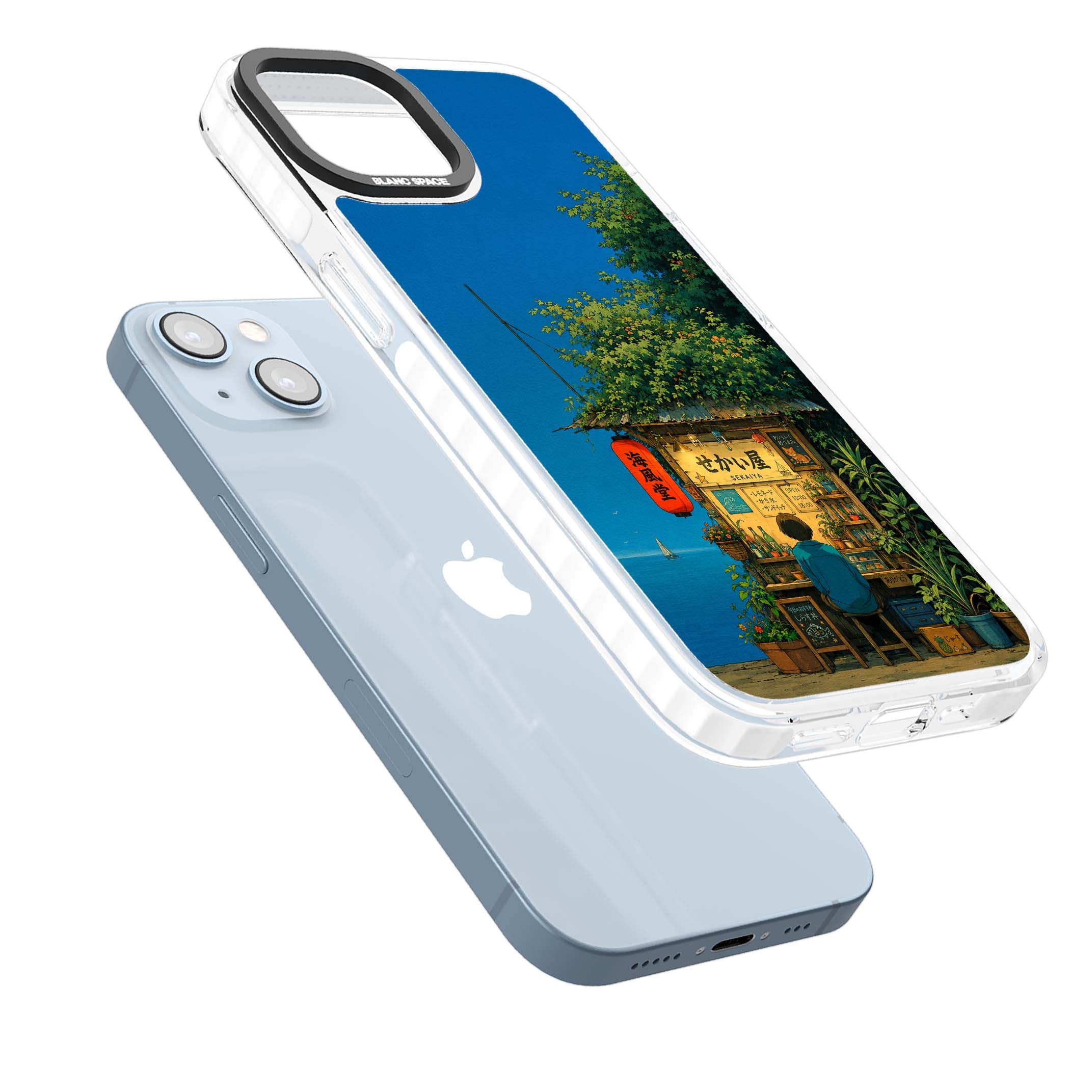 The Shirahama Kiosk anime iPhone case featuring a Japanese seaside shop, red paper lantern and ocean view | Clear Impact case for iPhone 13, iPhone 14, iPhone 15