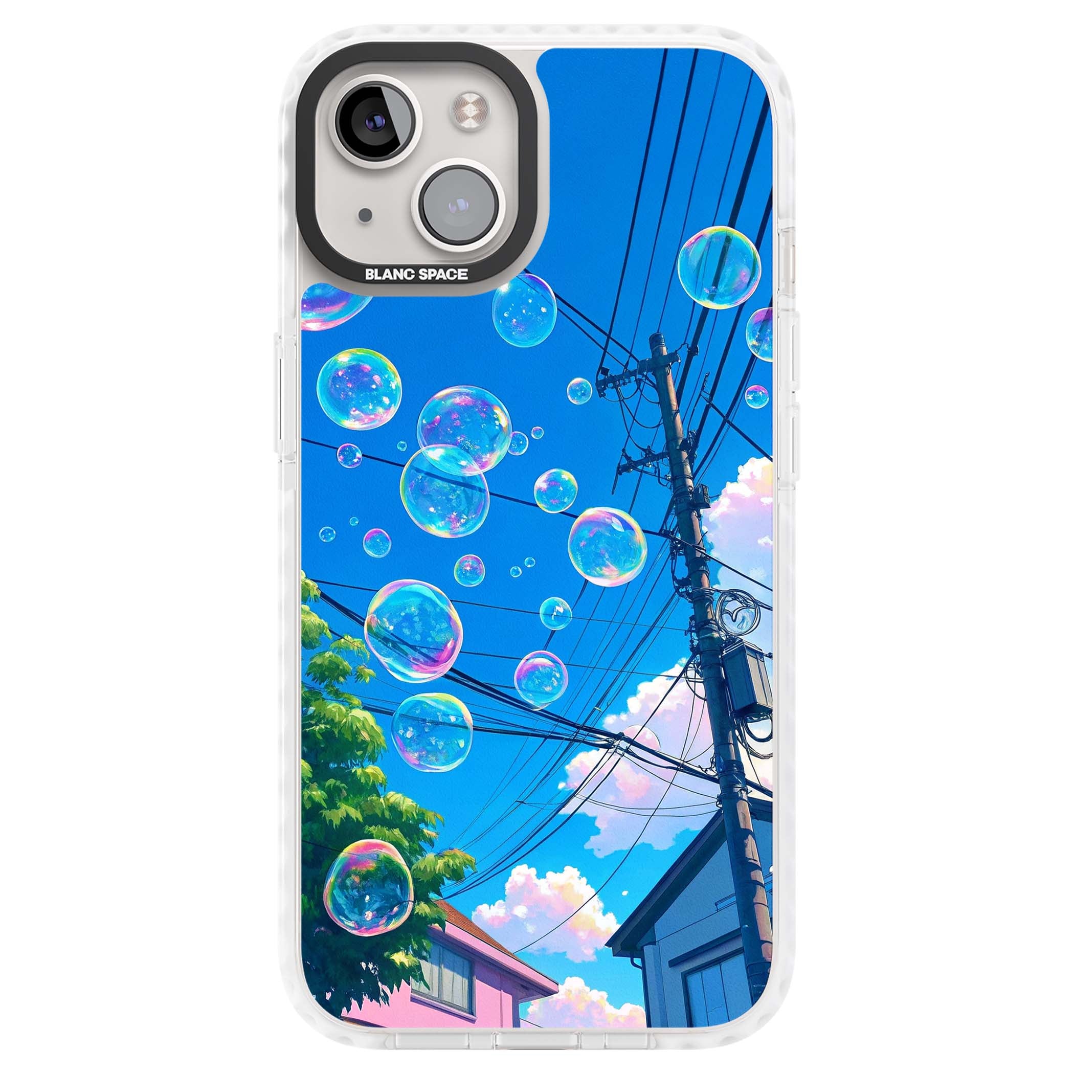Suburban Bubbles anime iPhone case featuring iridescent soap bubbles, blue sky and Japanese telephone wires | Clear Impact case for iPhone 13, iPhone 14, iPhone 15