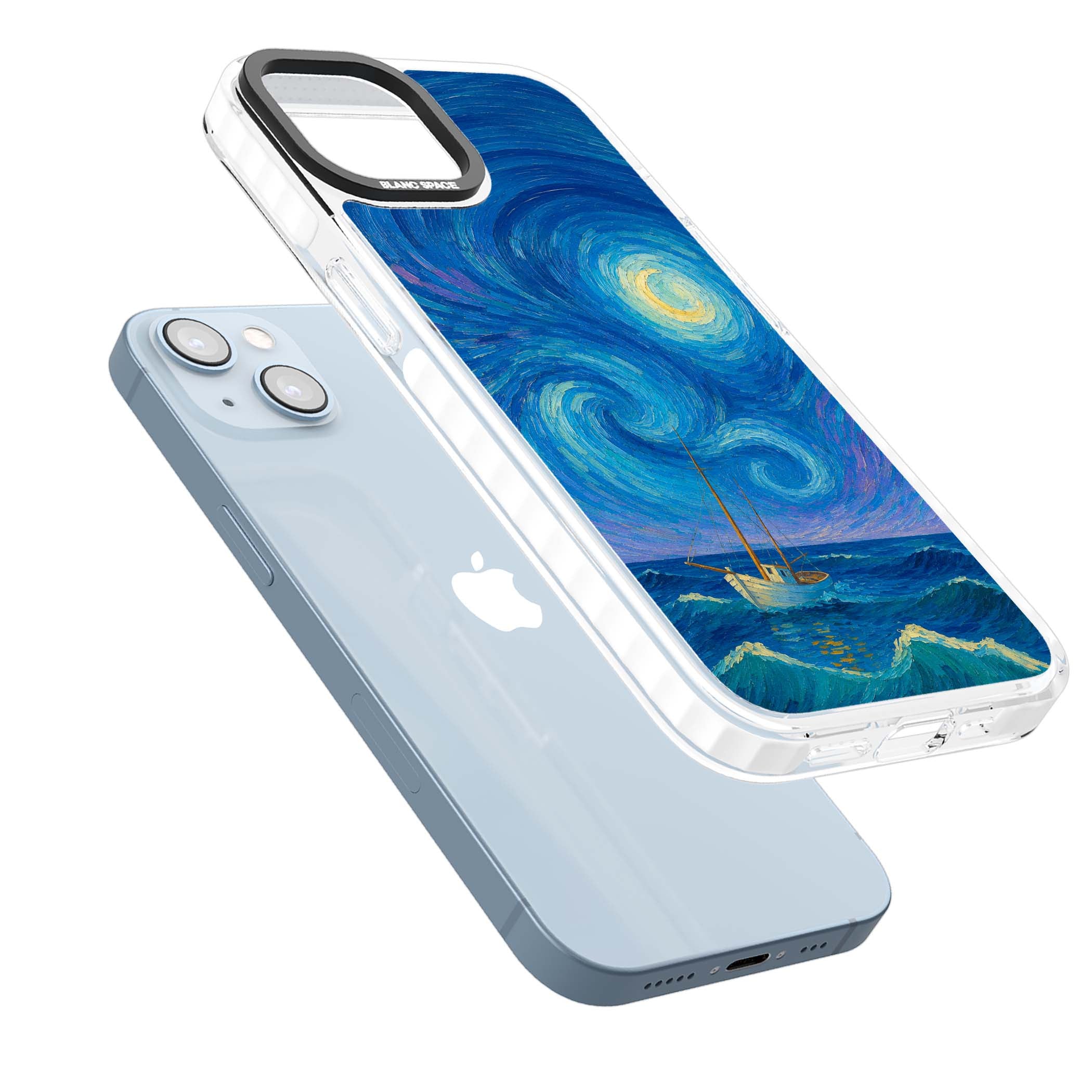 Moonlit Tide Van Gogh art iPhone case featuring swirling starry night sky, glowing moon and lone sailing boat at sea | Clear Impact case for iPhone 13, iPhone 14, iPhone 15