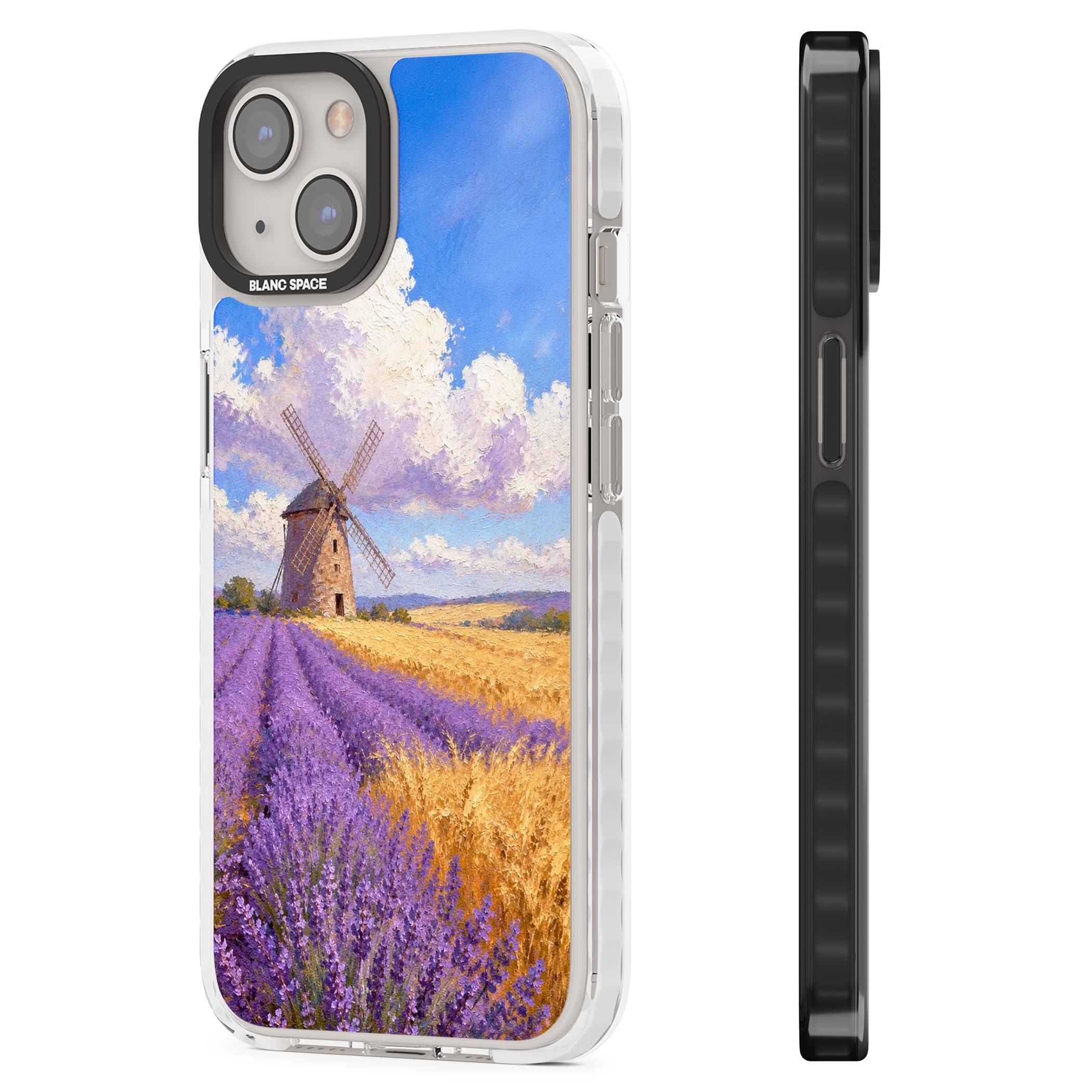 Lavender Mill cottagecore iPhone case featuring a French windmill, lavender field and golden wheat oil painting | Clear Impact case for iPhone 13, iPhone 14, iPhone 15