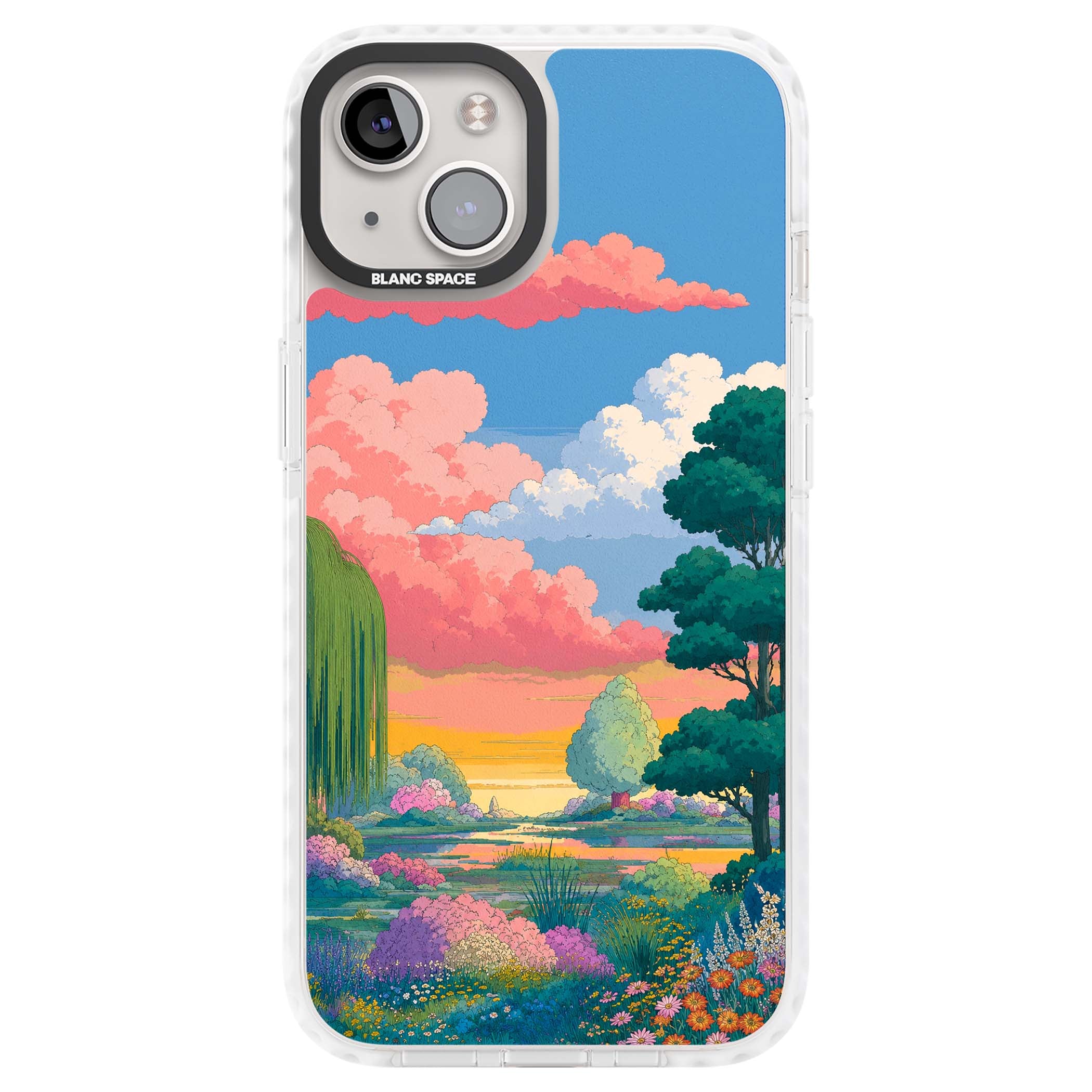 Dream Valley anime landscape iPhone case featuring pink sunset clouds, willow trees and wildflowers | Clear Impact case for iPhone 13, iPhone 14, iPhone 15