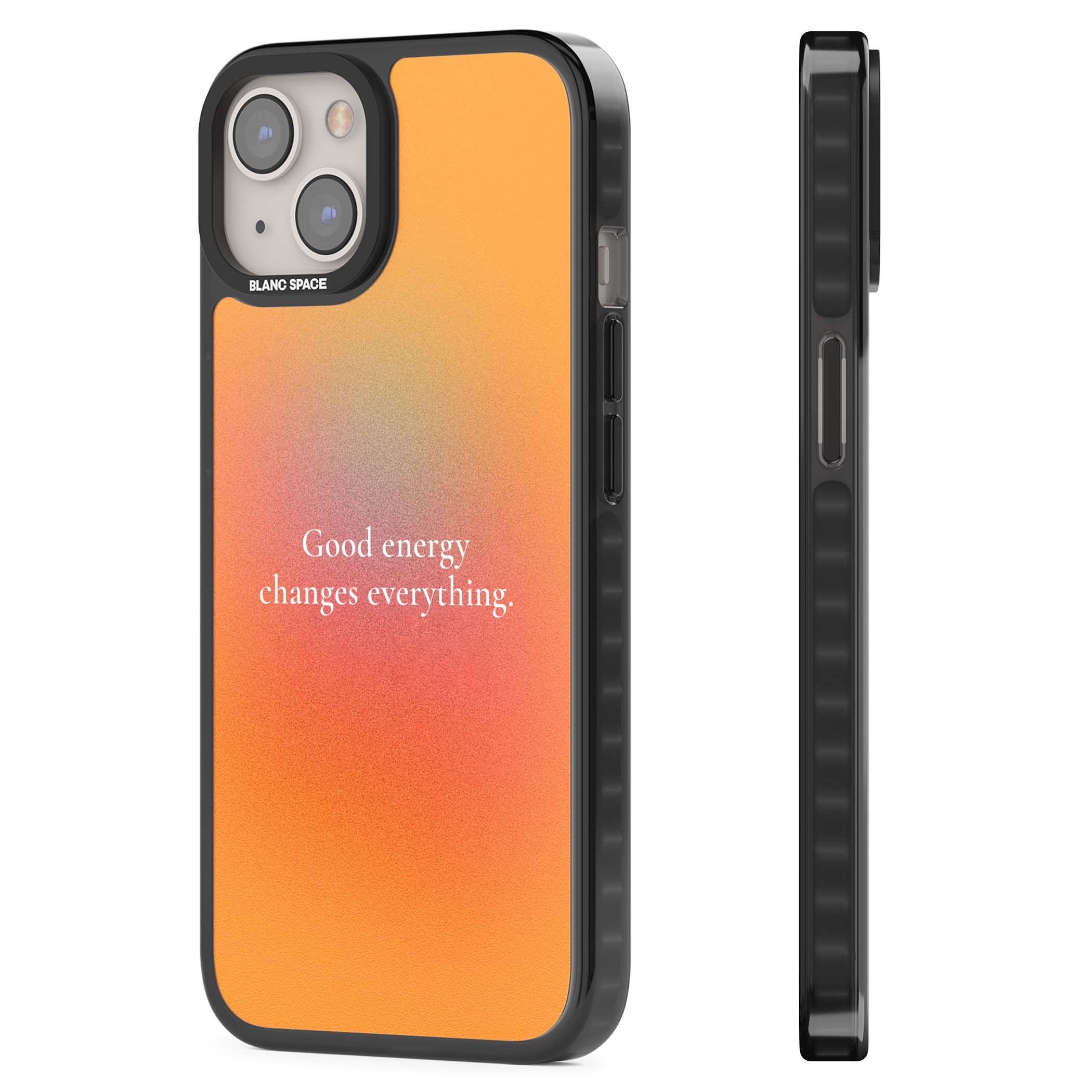 Good Energy quote iPhone case featuring an orange and pink aura gradient with white serif affirmation text | Black Impact case for iPhone 13, iPhone 14, iPhone 15