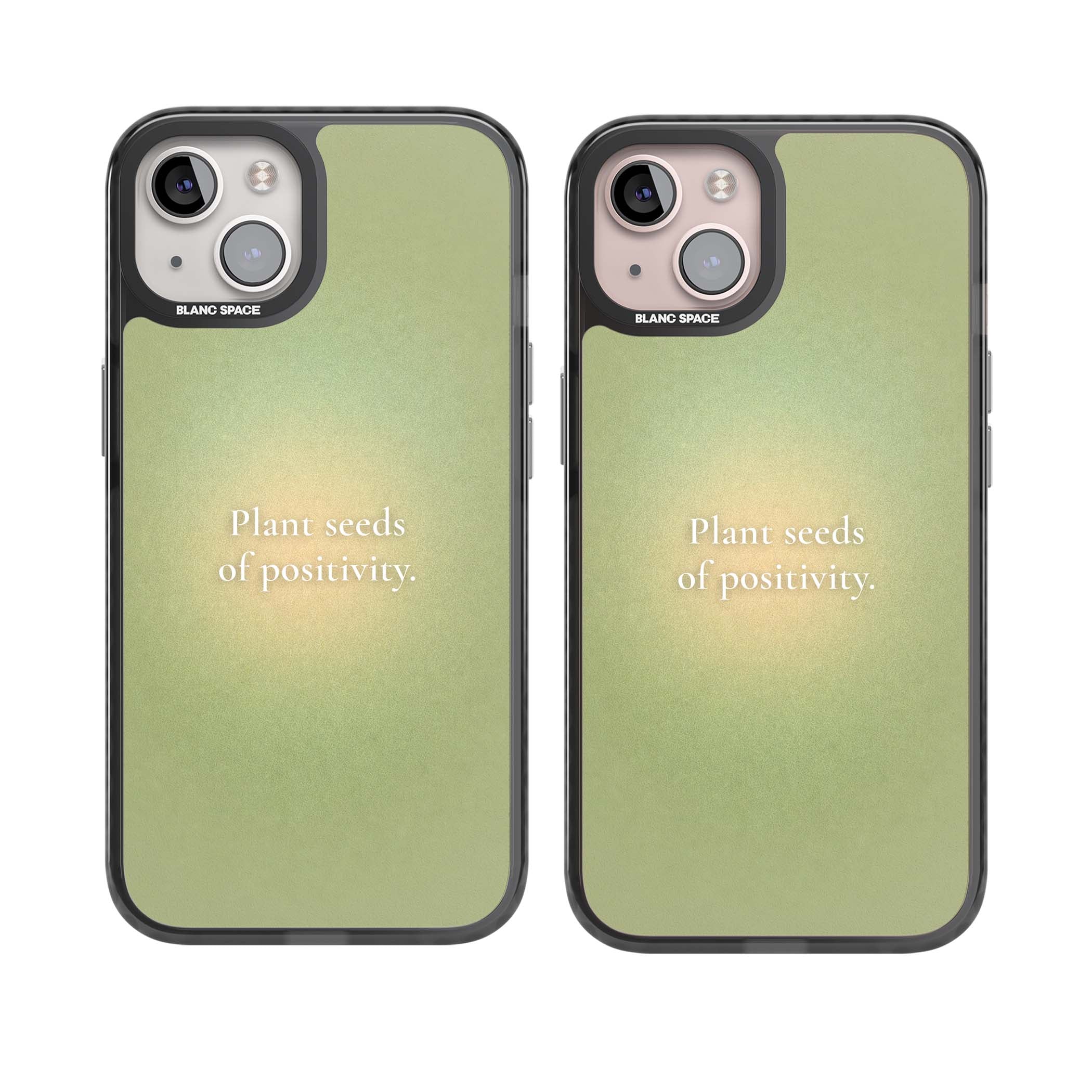 Seeds of Positivity quote iPhone case featuring a sage green aura gradient and golden glow affirmation | Black Impact case for iPhone 13, iPhone 14, iPhone 15