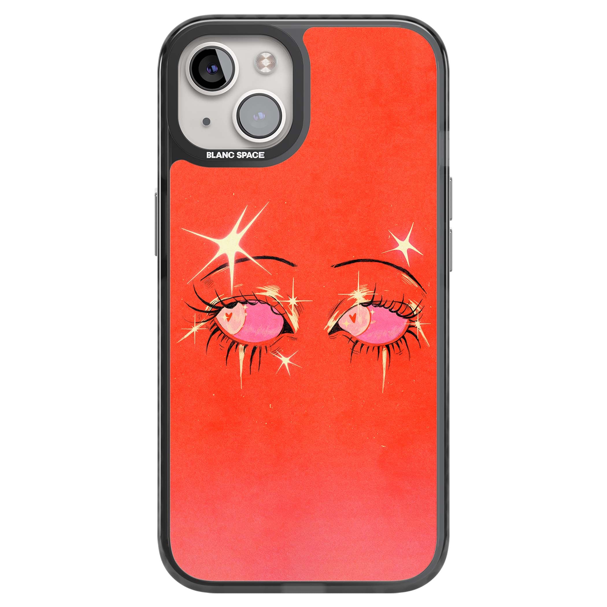 Pink Ethereal Eyes anime iPhone case featuring hand-drawn sparkly eyes with pink hearts and gold stars on red | Black Impact case for iPhone 13, iPhone 14, iPhone 15