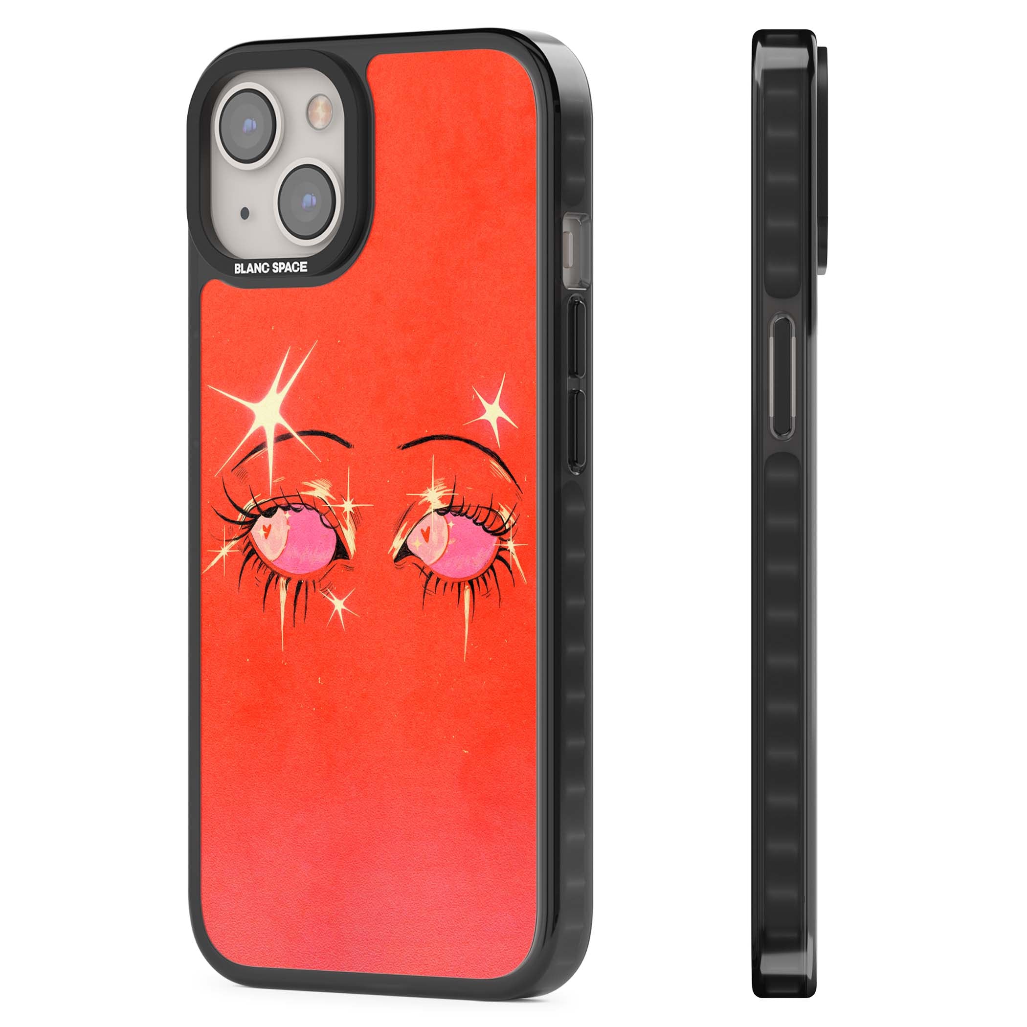 Pink Ethereal Eyes anime iPhone case featuring hand-drawn sparkly eyes with pink hearts and gold stars on red | Black Impact case for iPhone 13, iPhone 14, iPhone 15
