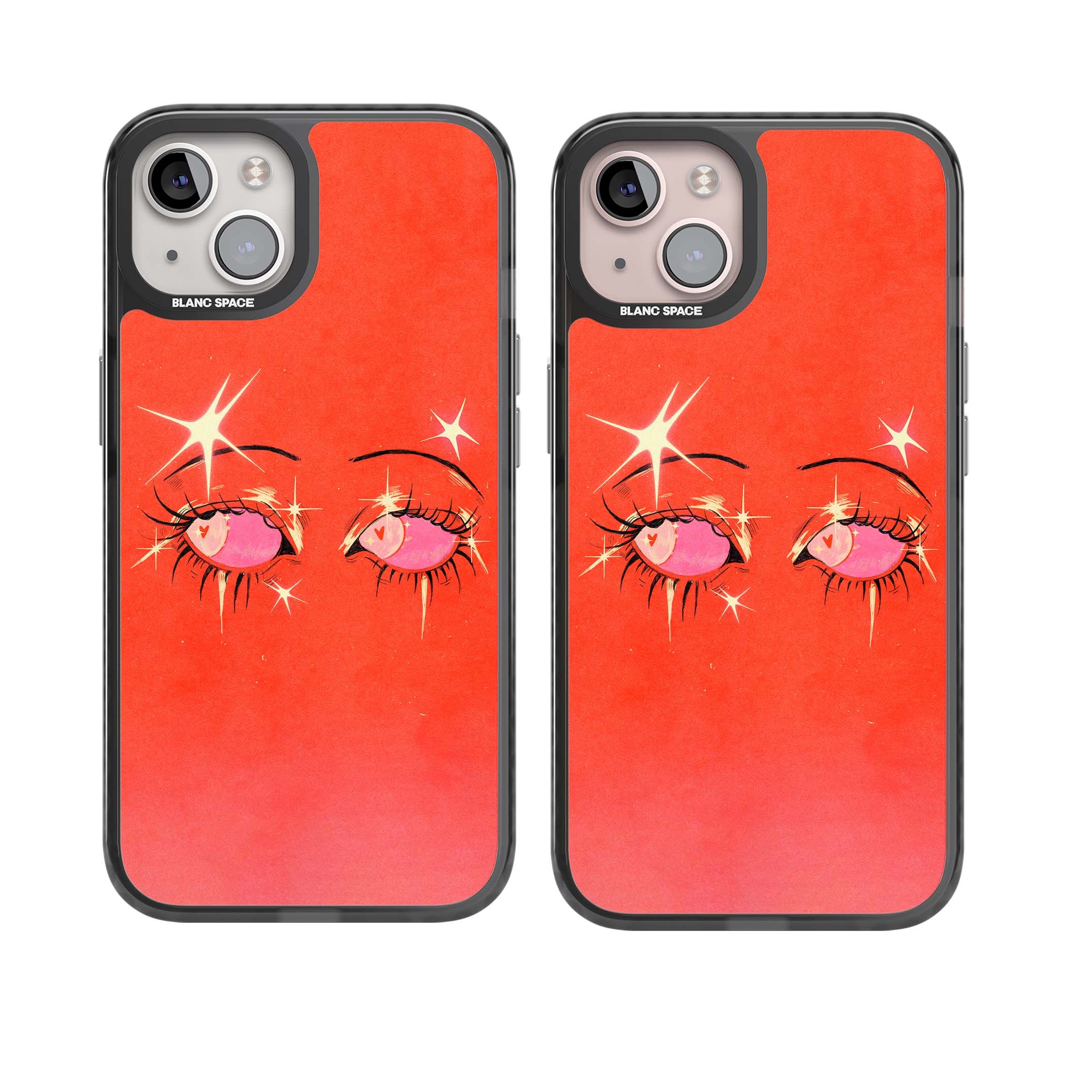 Pink Ethereal Eyes anime iPhone case featuring hand-drawn sparkly eyes with pink hearts and gold stars on red | Black Impact case for iPhone 13, iPhone 14, iPhone 15