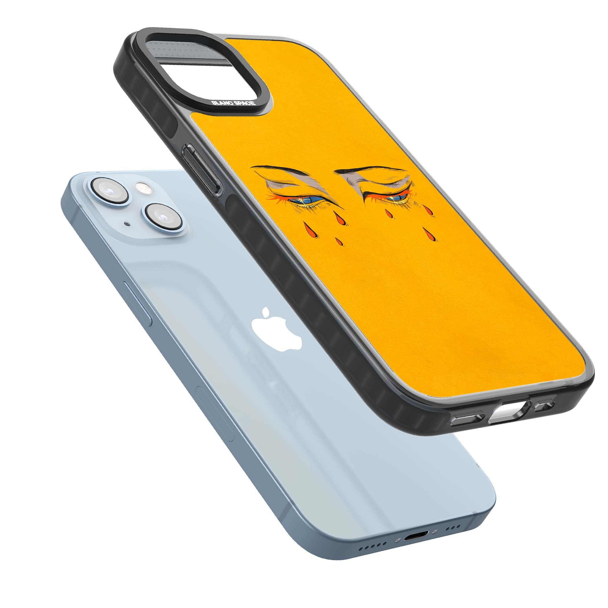 Yellow Tearful Eyes indie iPhone case featuring hand-drawn crying eyes with orange tears on a yellow background | Black Impact case for iPhone 13, iPhone 14, iPhone 15