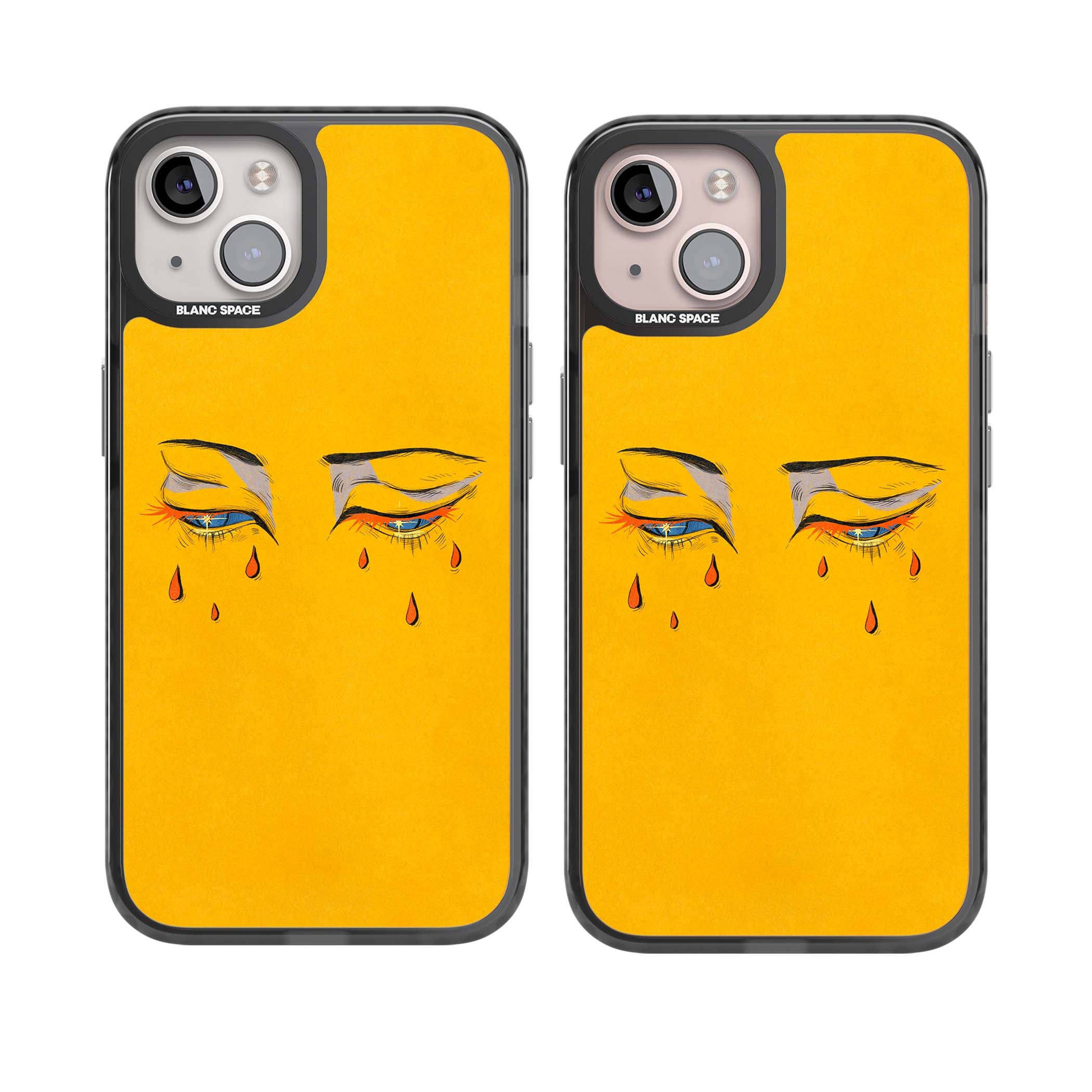 Yellow Tearful Eyes indie iPhone case featuring hand-drawn crying eyes with orange tears on a yellow background | Black Impact case for iPhone 13, iPhone 14, iPhone 15